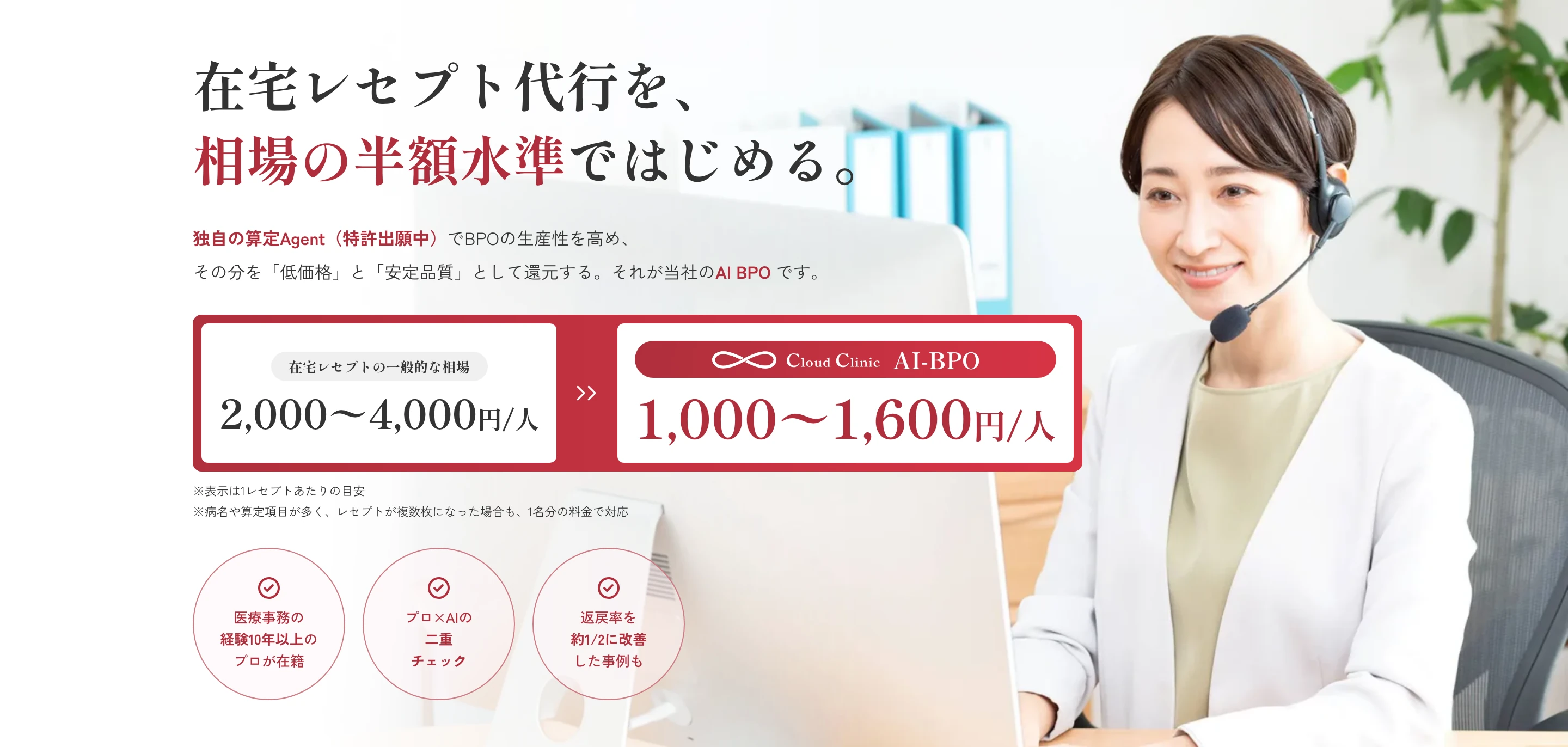 クラウドクリニック AI BPO 公式 LP のヒーローセクション。「在宅レセプト代行を、相場の半額水準ではじめる。」の見出しと、在宅レセプトの一般的な相場 2,000〜4,000 円/人 に対し Cloud Clinic AI-BPO は 1,000〜1,600 円/人 という価格比較