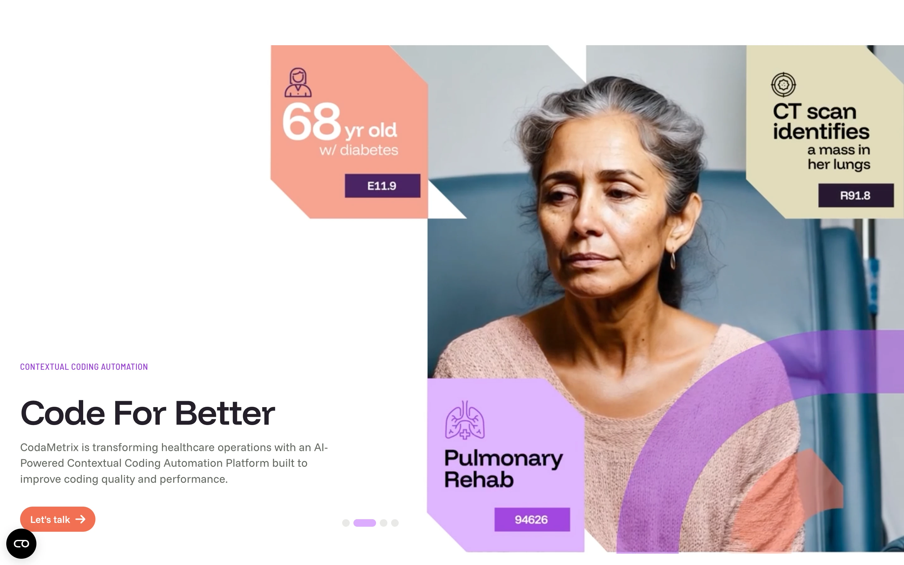 CodaMetrix 公式サイトのヒーローセクション。「Code For Better」「Contextual Coding Automation」の見出しと、診療シーンに ICD コード (E11.9・R91.8・Z94626) を重ねたビジュアル