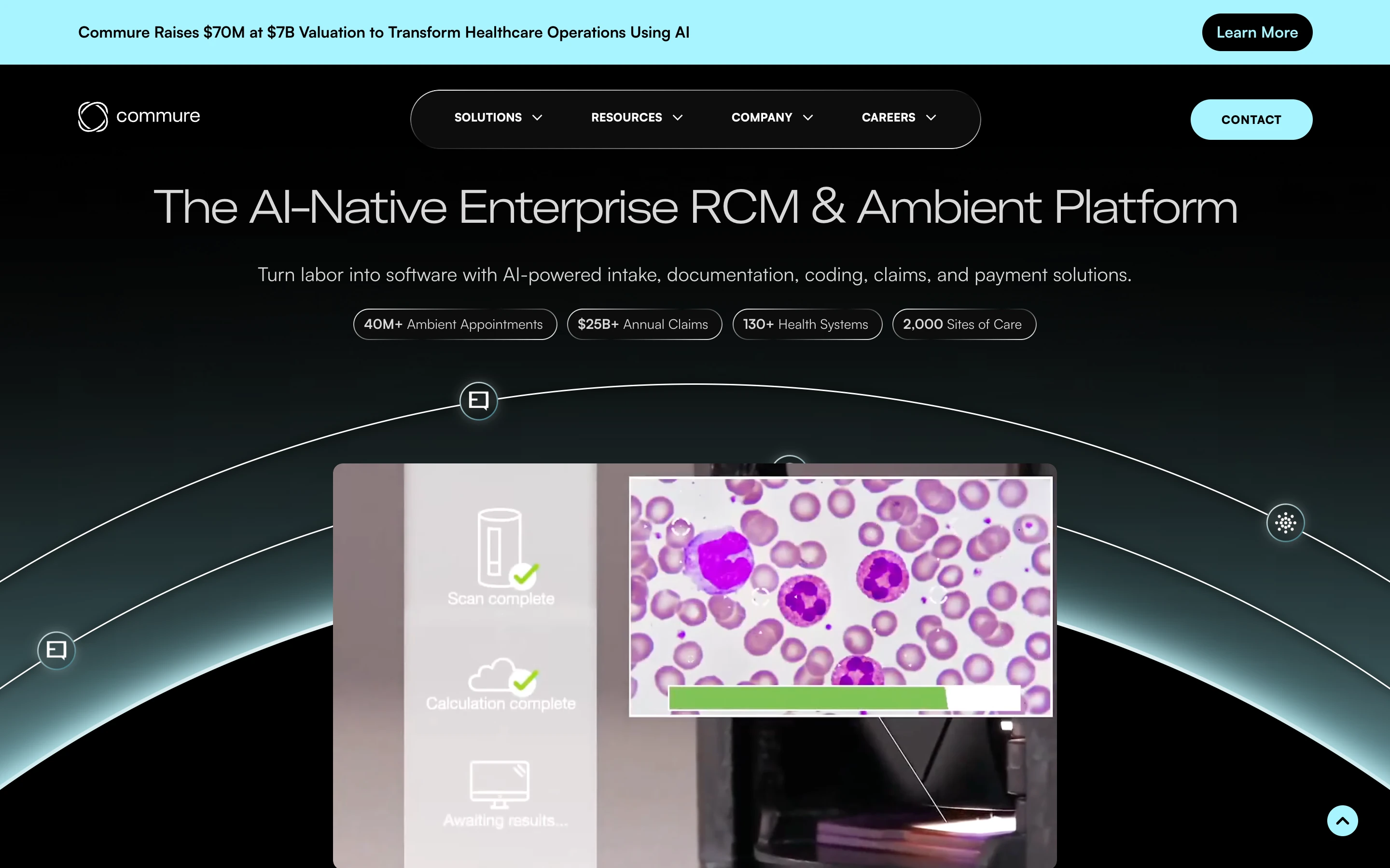 Commure 公式サイトのヒーローセクション。「The AI-Native Enterprise RCM & Ambient Platform」と、40M+ Ambient Appointments・$25B+ Annual Claims・130+ Health Systems・2,000 Sites of Care の指標を掲げる