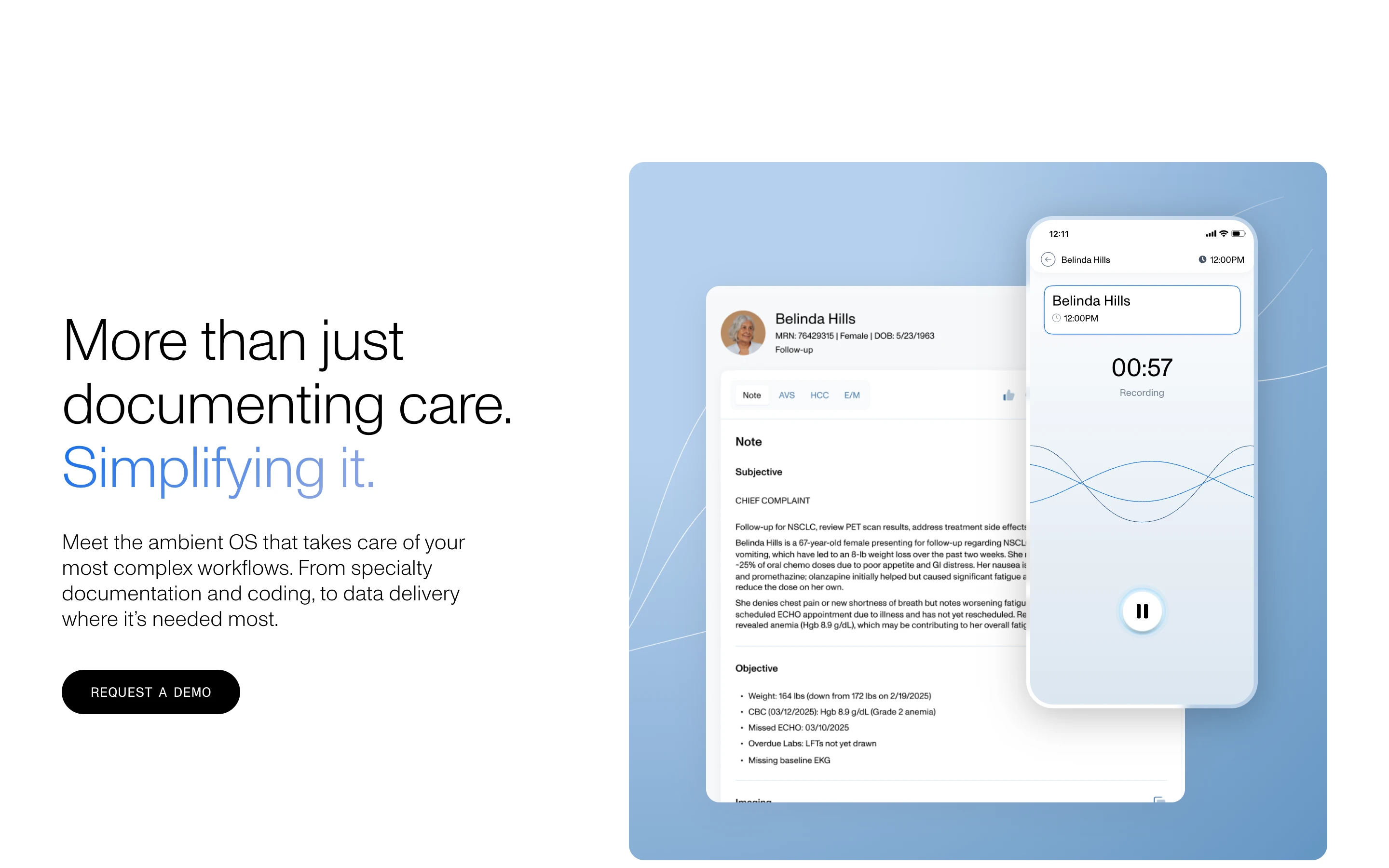DeepScribe 公式サイトのヒーローセクション。「More than just documenting care. Simplifying it.」の見出しと、診療ノートを自動生成する画面・スマホ録音画面のモックアップ