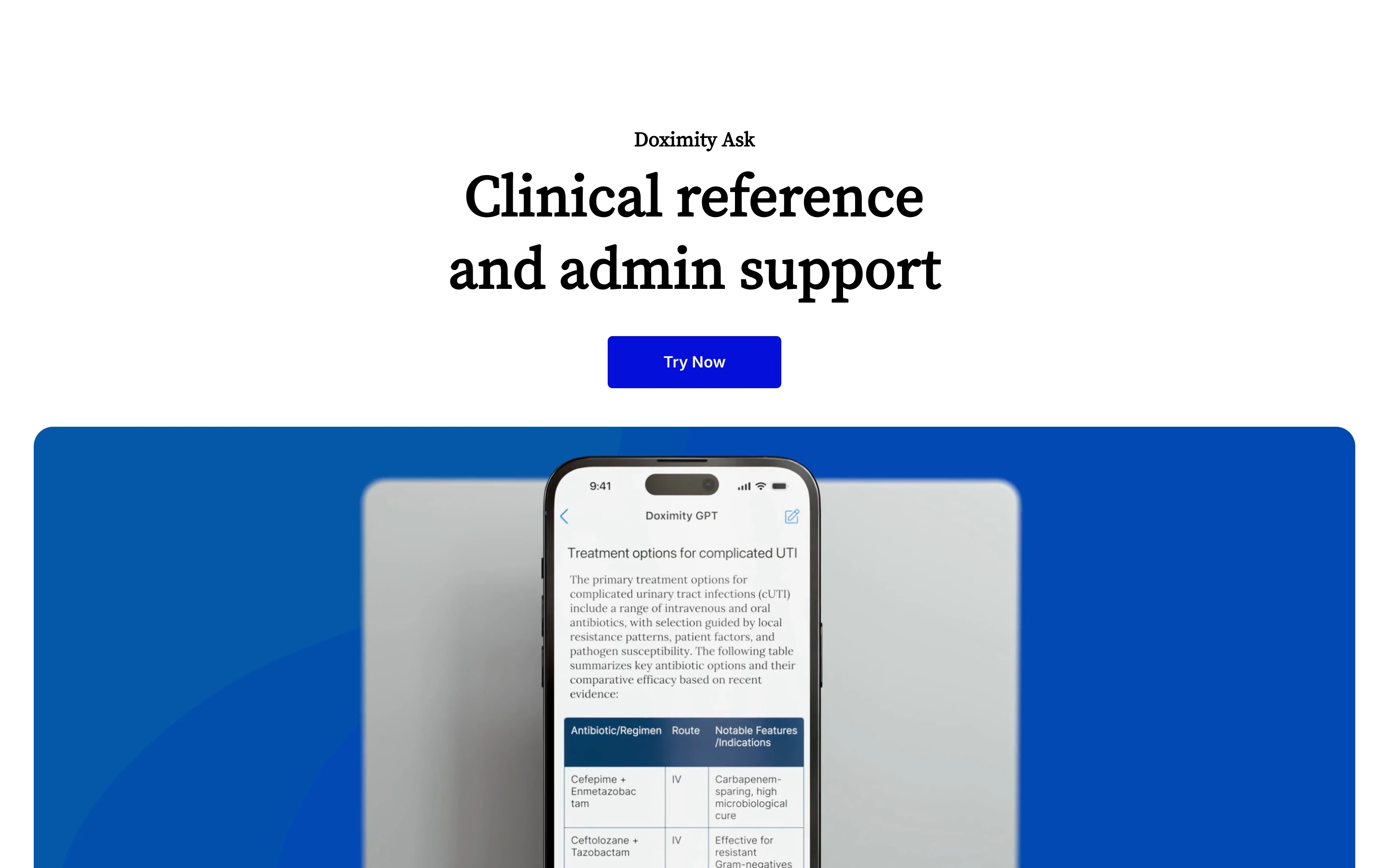 Doximity Ask (DoxGPT) 公式ページのヒーローセクション。「Clinical reference and admin support」の見出しと、複雑性 UTI の治療選択肢を表で示すスマホ画面のモックアップ
