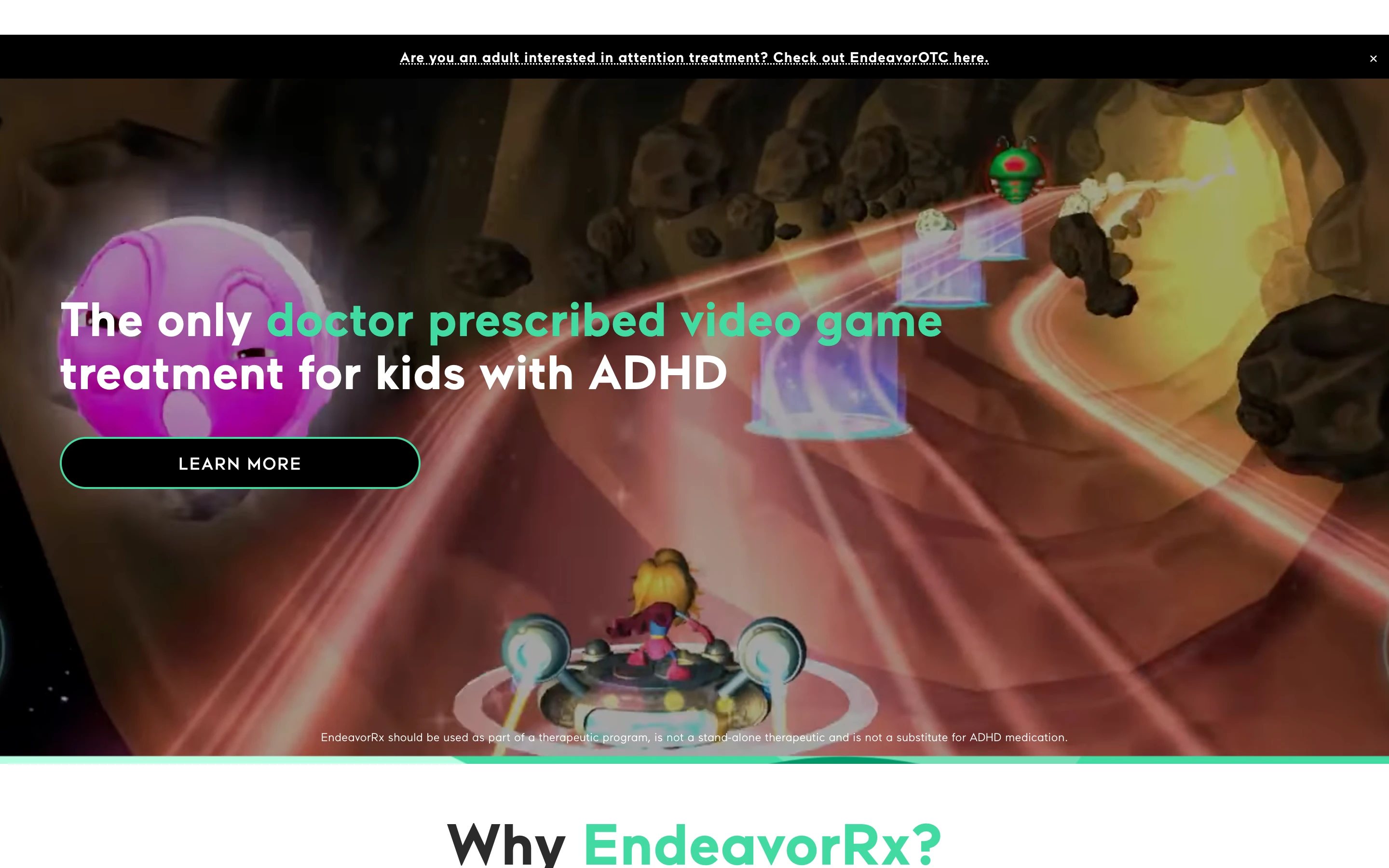 EndeavorRx 公式サイトのヒーローセクション。カート型レースゲームのプレイ画面を背景に「The only doctor prescribed video game treatment for kids with ADHD」と掲げる