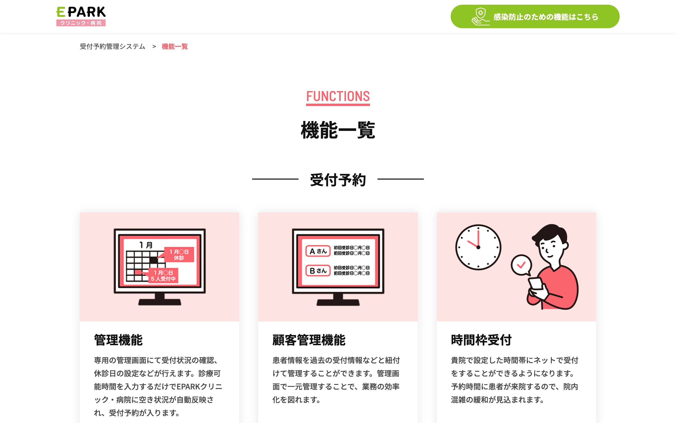 EPARK受付予約管理システムの公式機能ページ冒頭。「FUNCTIONS 機能一覧」の見出しと、管理機能・顧客管理機能・時間枠受付のカード