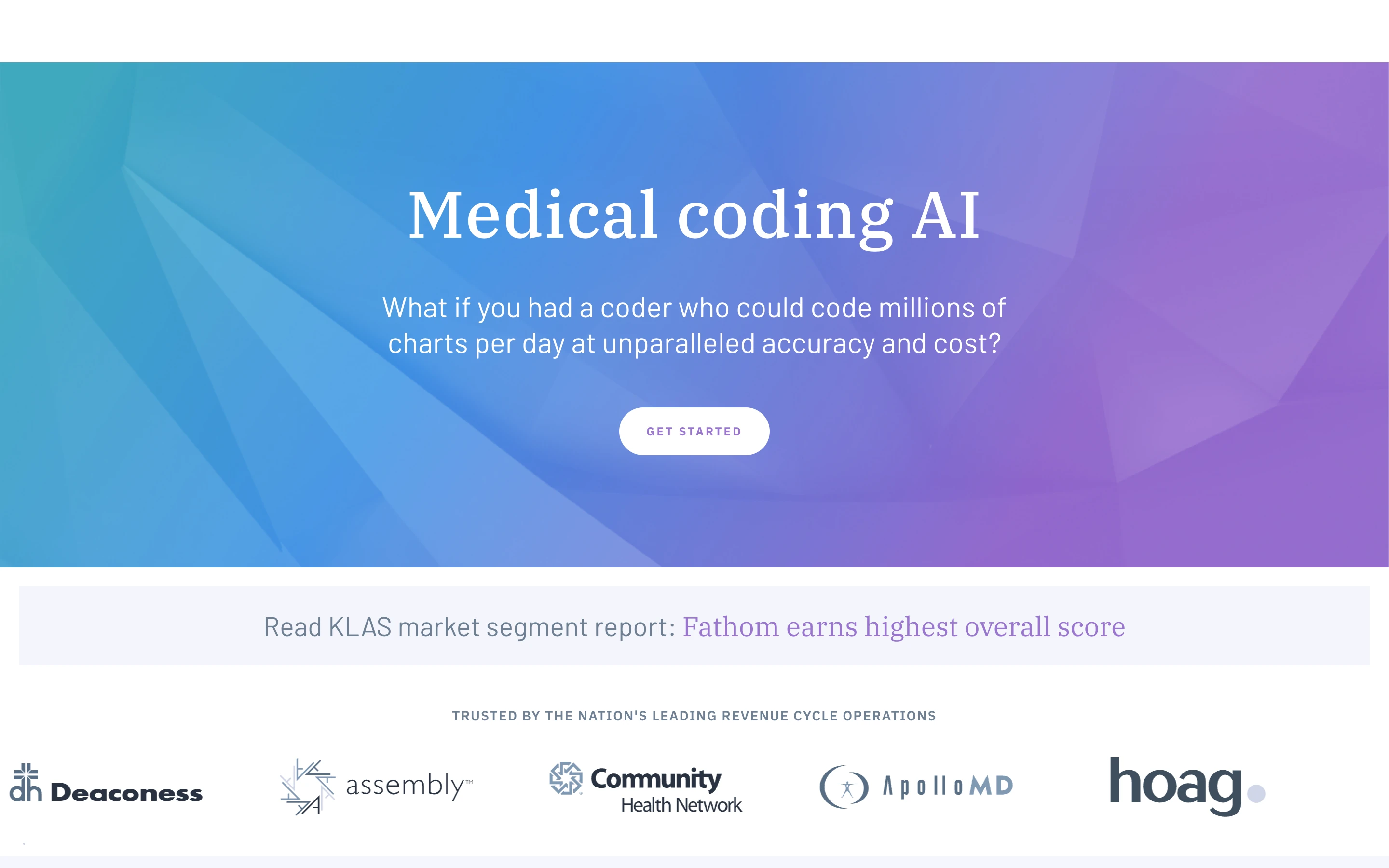 Fathom 公式サイトのヒーローセクション。「Medical coding AI」「数百万のチャートを比類なき精度とコストでコーディングできるコーダーがいたら？」のコピーと、Deaconess・assembly・Community Health Network・ApolloMD・hoag のロゴ