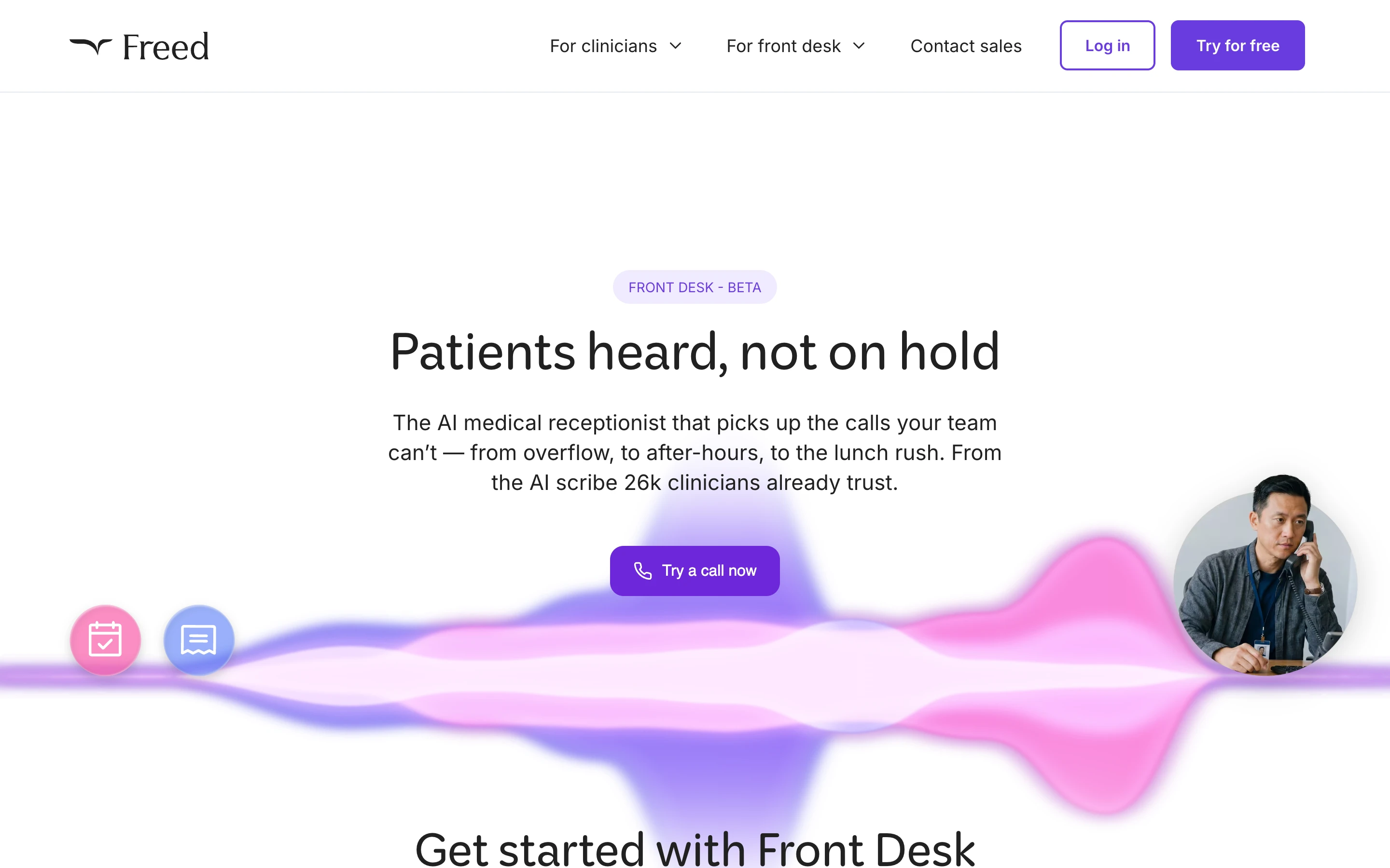 Freed Front Desk 公式ページのトップ。「FRONT DESK - BETA」のラベルと、「Patients heard, not on hold」の見出し、AI 医療受付が時間外・昼休みなどの電話を引き受けるという説明