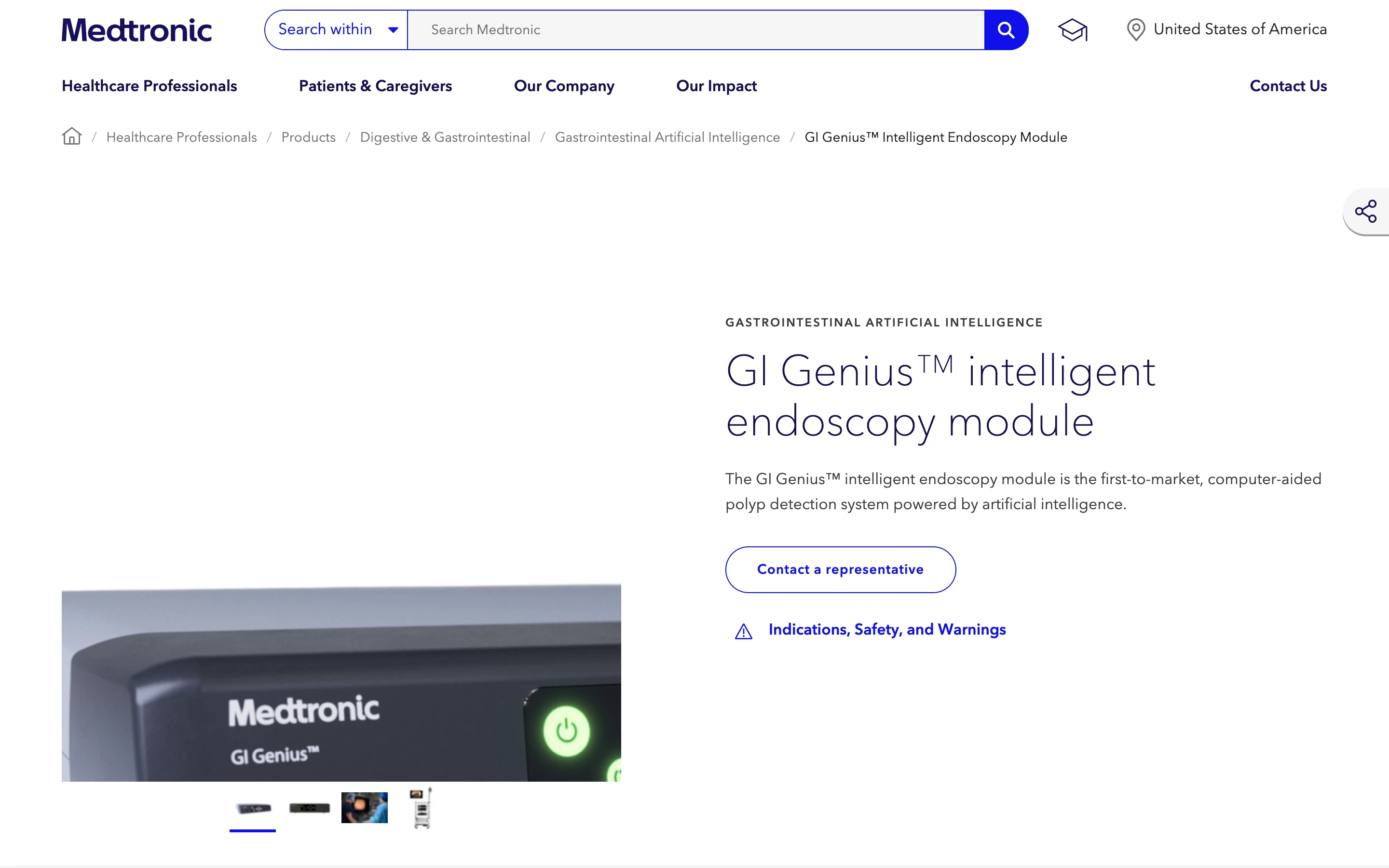 GI Genius 公式製品ページのヒーローセクション。「first-to-market, computer-aided polyp detection system powered by artificial intelligence」と掲げ、本体ハードウェアの写真を載せる