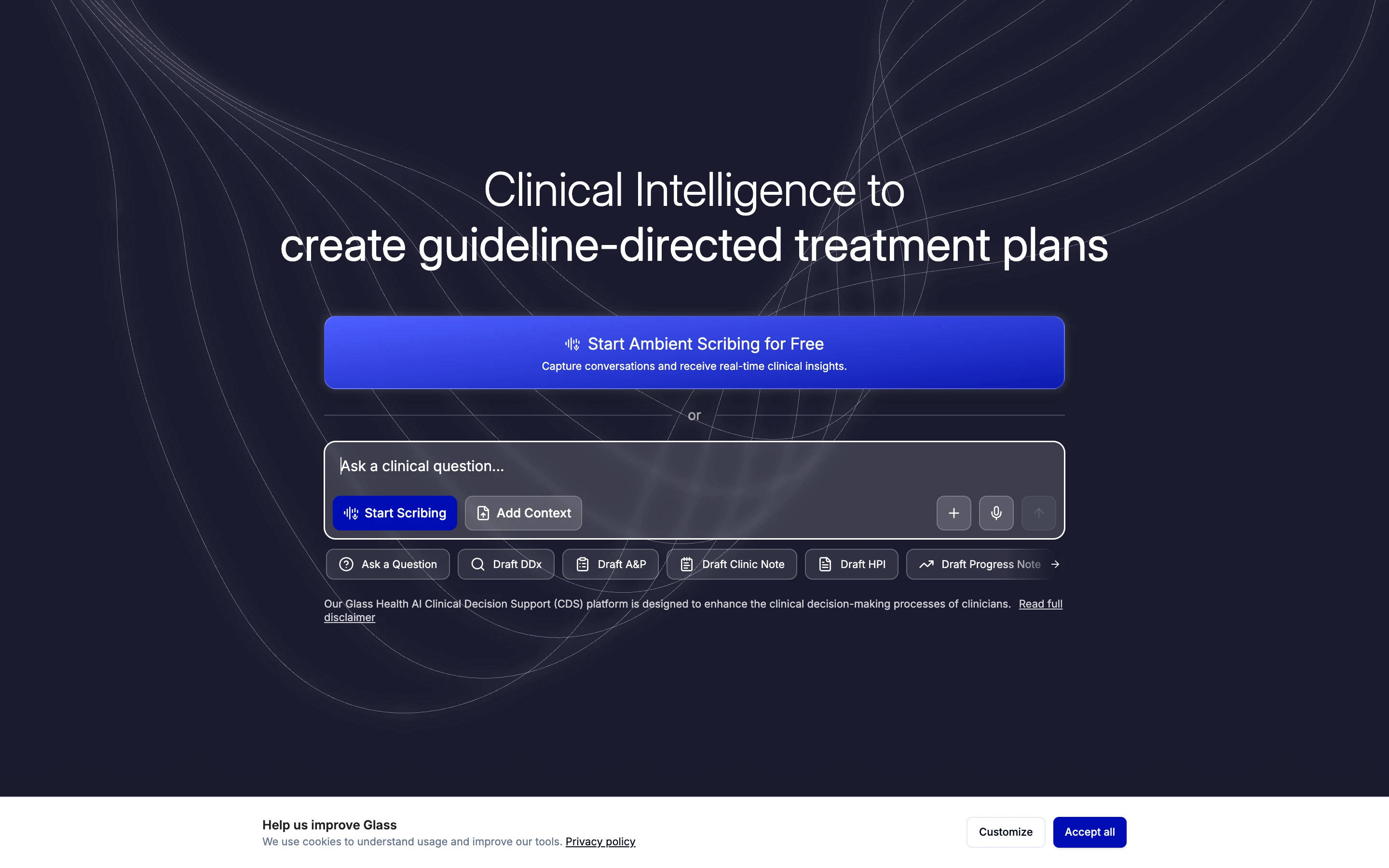 Glass Health 公式サイトのヒーローセクション。「Clinical Intelligence to create guideline-directed treatment plans」の見出しと、臨床質問の入力ボックス、Draft DDx・Draft A&P・Draft Clinic Note などの操作ボタン