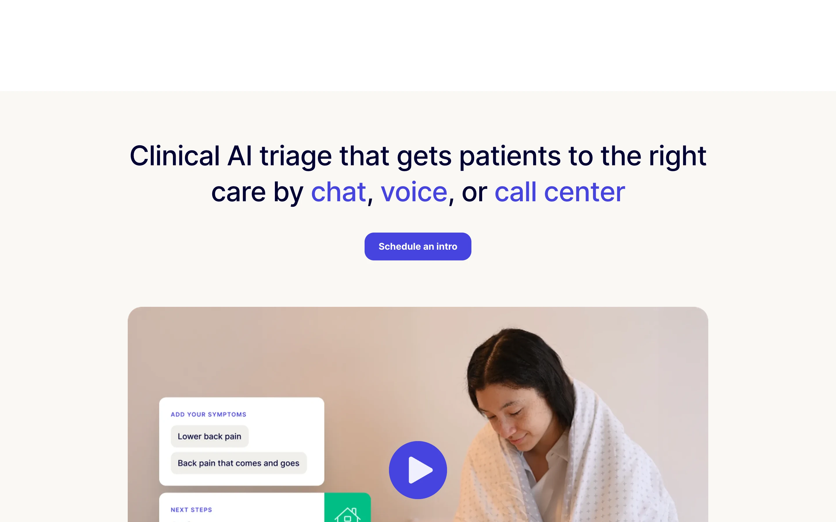 Infermedica 公式サイトのヒーローセクション。「Clinical AI triage that gets patients to the right care by chat, voice, or call center」の見出しと、症状を入力するトリアージ画面のデモ