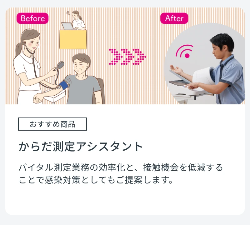 フクダコーリン公式サイトのトップページ「PICK UP」の「からだ測定アシスタント」のカード。看護師が血圧を測る Before と、患者さんが自分で測定する After のイラストと、紹介文