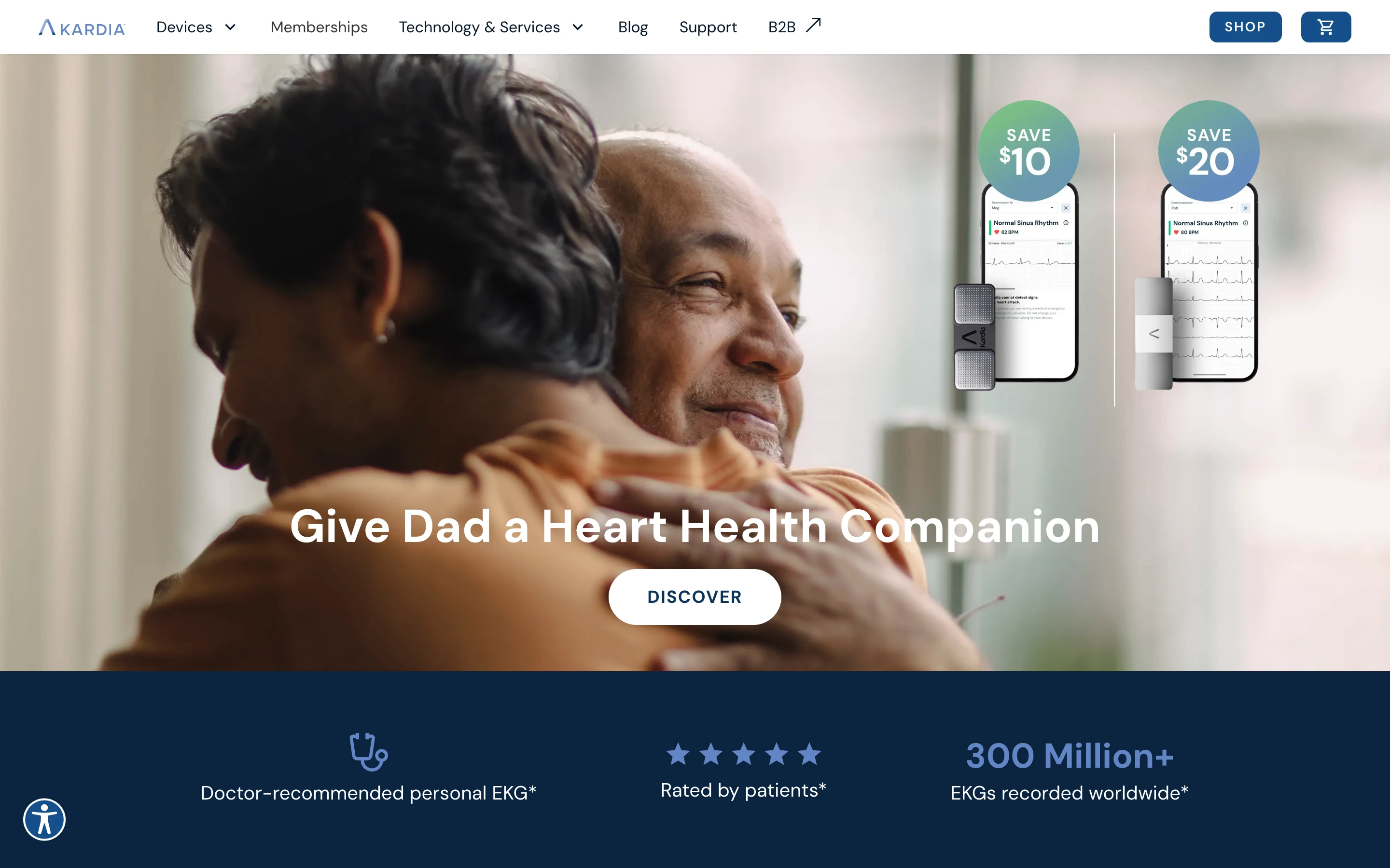 Kardia (AliveCor) 公式トップページのヒーロー。携帯型 EKG デバイスの宣伝と、Doctor-recommended・患者評価・『300 Million+ EKGs recorded worldwide』の表示
