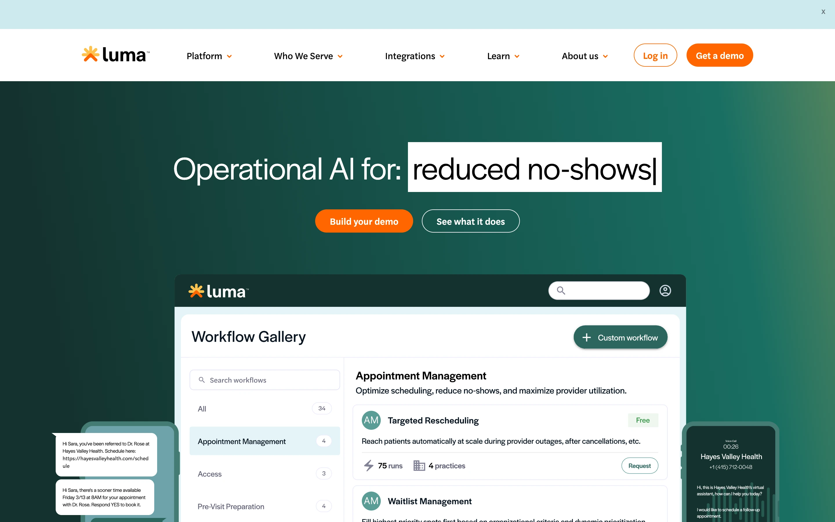 Luma Health 公式サイトのヒーローセクション。「Operational AI for: reduced no-shows」の見出しと、予約・受付ワークフローを並べた Workflow Gallery の製品画面