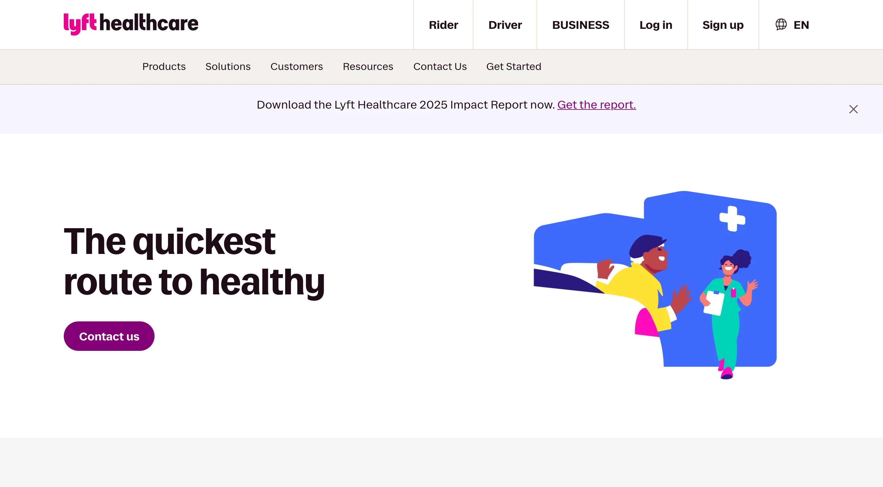 Lyft Healthcare 公式ページのヒーローセクション。「The quickest route to healthy」の見出しと Contact us ボタン、車から降りた患者を医療スタッフが迎えるイラスト