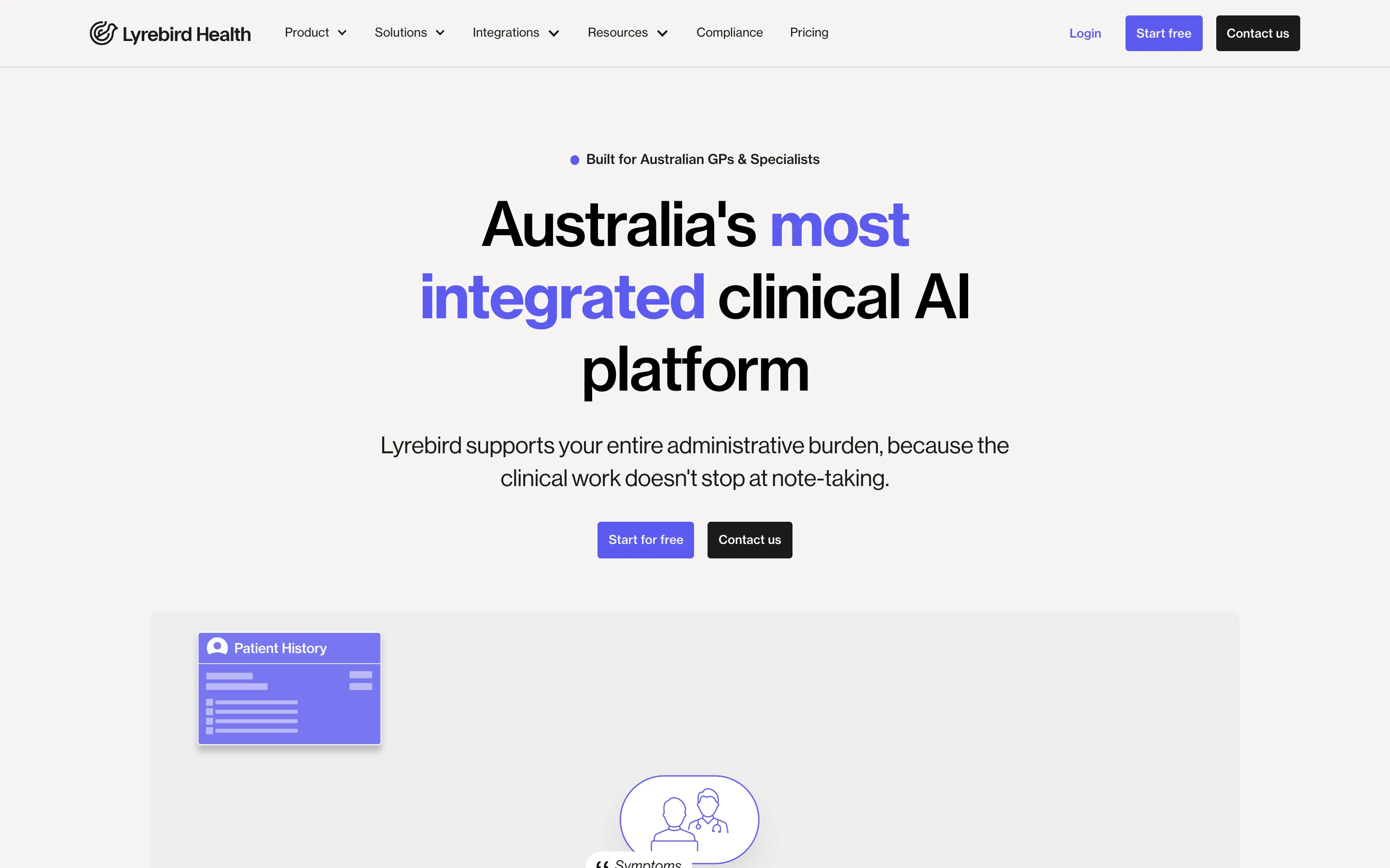 Lyrebird Health の公式サイトのトップ。「Australia's most integrated clinical AI platform」の見出しと「Built for Australian GPs & Specialists」のラベル