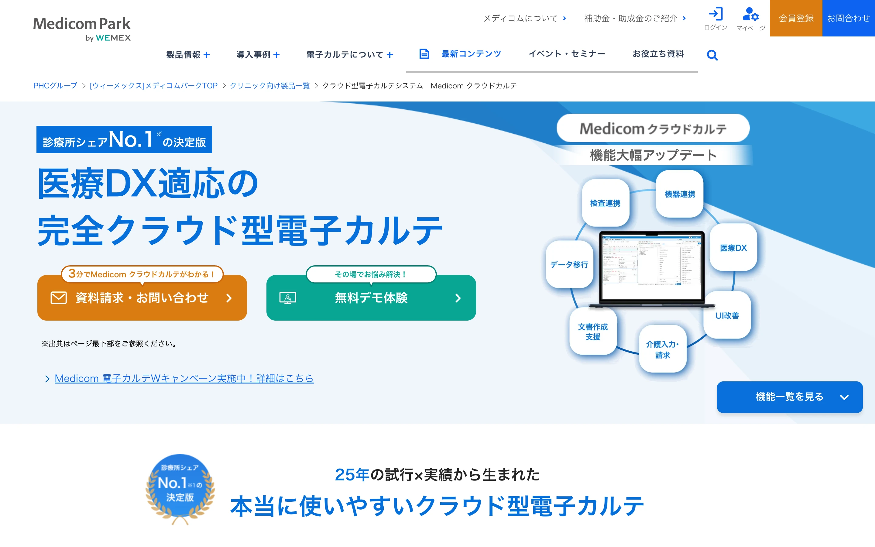 Medicom クラウドカルテ公式製品ページのヒーローセクション。「医療DX適応の完全クラウド型電子カルテ」と「診療所シェアNo.1の決定版」を掲げ、機能アップデートを示すアイコン図を配置