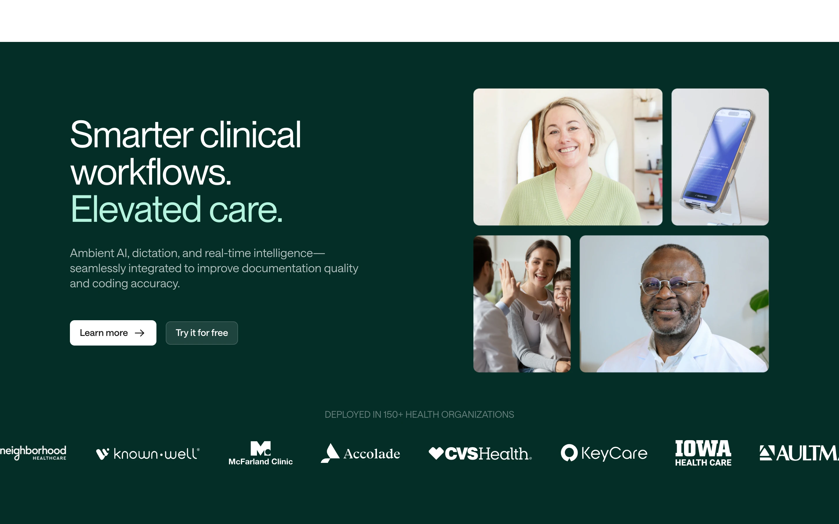 Nabla 公式サイトのヒーローセクション。「Smarter clinical workflows. Elevated care.」と 150+ 医療組織への導入、Ambient AI・ディクテーション・リアルタイム情報の統合を掲げる