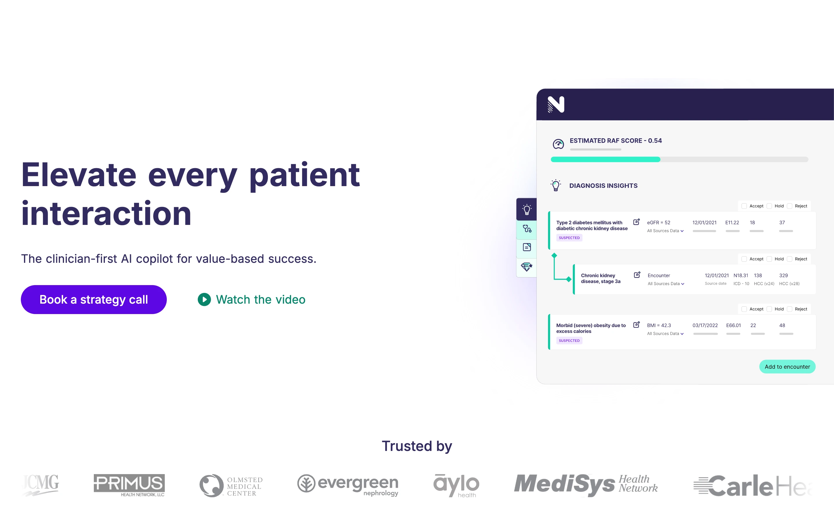 Navina 公式サイトのヒーローセクション。「Elevate every patient interaction」「The clinician-first AI copilot for value-based success」の見出しと、推定 RAF スコアや診断インサイト一覧を示す製品画面