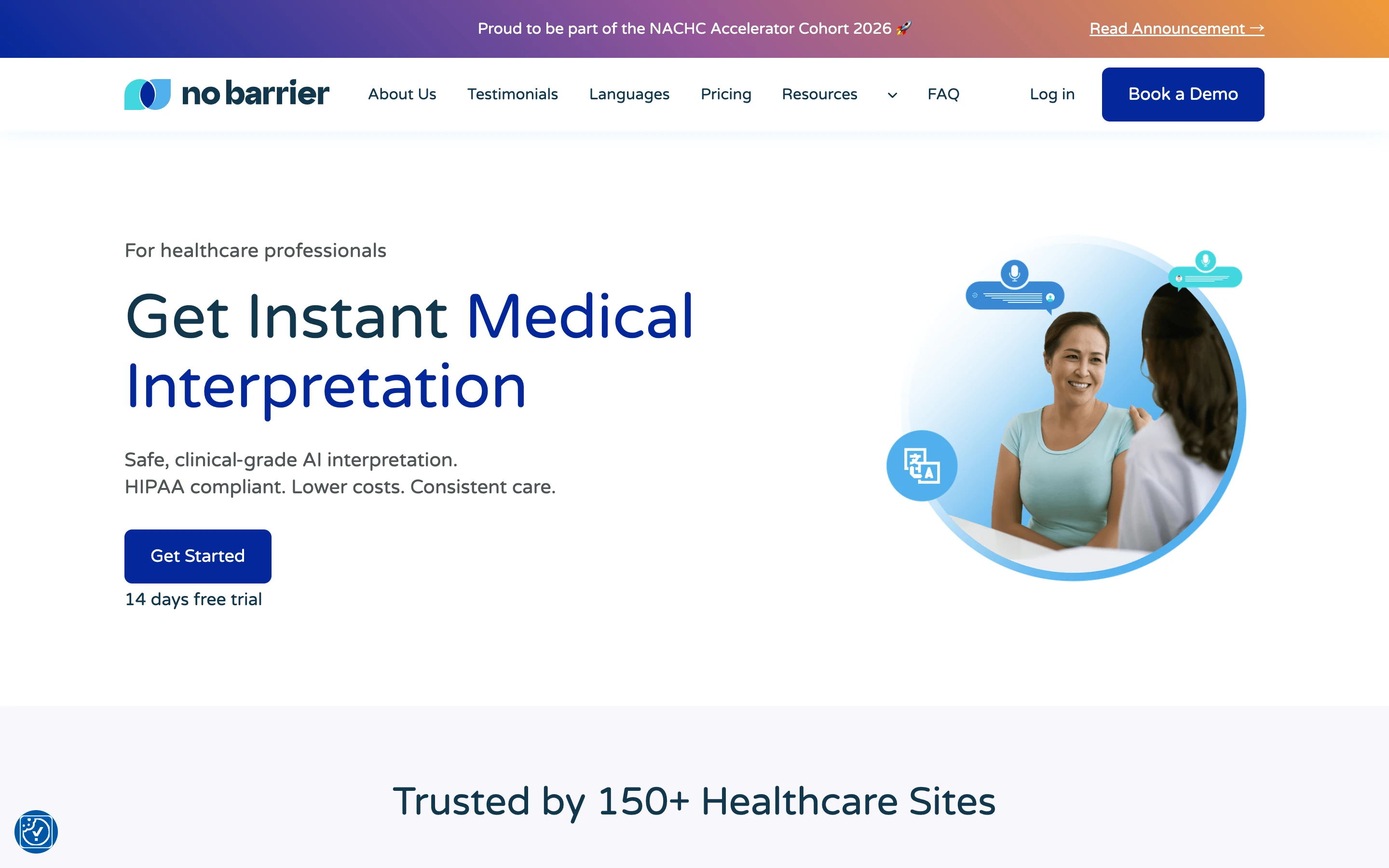 No Barrier 公式トップページのヒーロー。「Get Instant Medical Interpretation」「Safe, clinical-grade AI interpretation. HIPAA compliant. Lower costs.」と医療者向けの即時 AI 通訳を掲げ、患者と臨床者が会話するイラストを配置