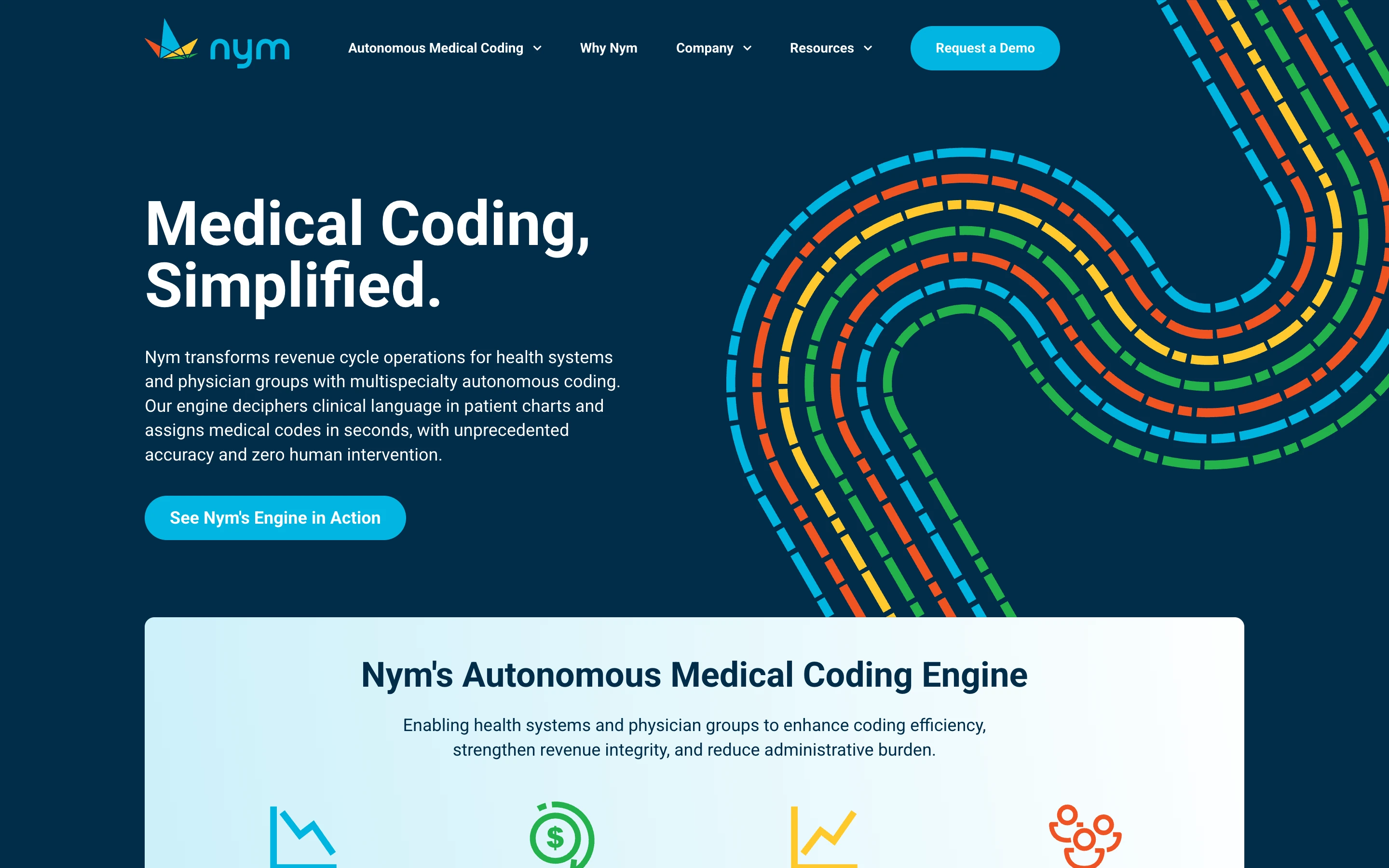 Nym 公式サイトのヒーローセクション。「Medical Coding, Simplified.」の見出しと、health system・physician group 向けに診療カルテの臨床記述を自律コーディングする旨の説明