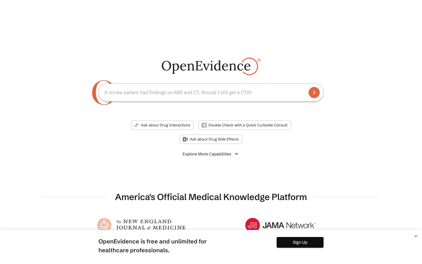OpenEvidence 公式サイトのヒーローセクション。中央に臨床的な質問を入力する検索ボックスと「Ask about Drug Interactions」などの例示ボタン