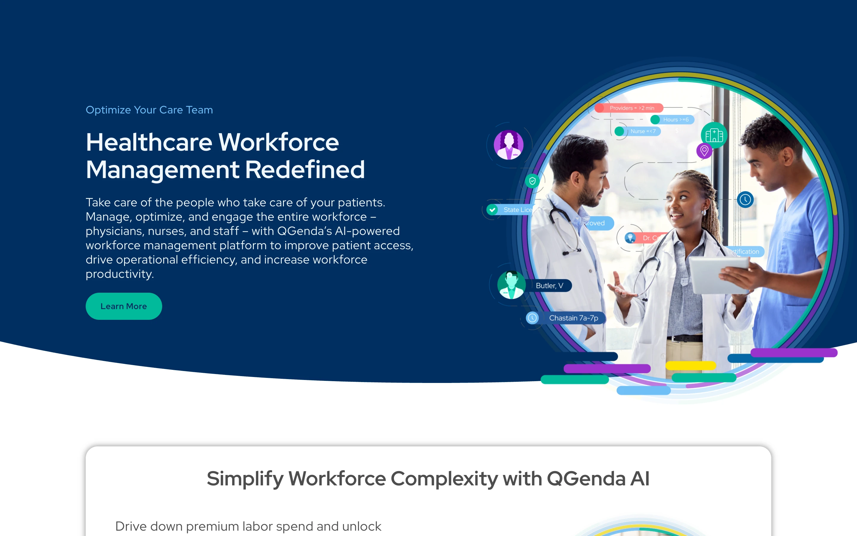 QGenda 公式サイトのヒーローセクション。「Healthcare Workforce Management Redefined」と AI 活用ワークフォース管理を掲げ、医師・看護師・スタッフのイラストを配置