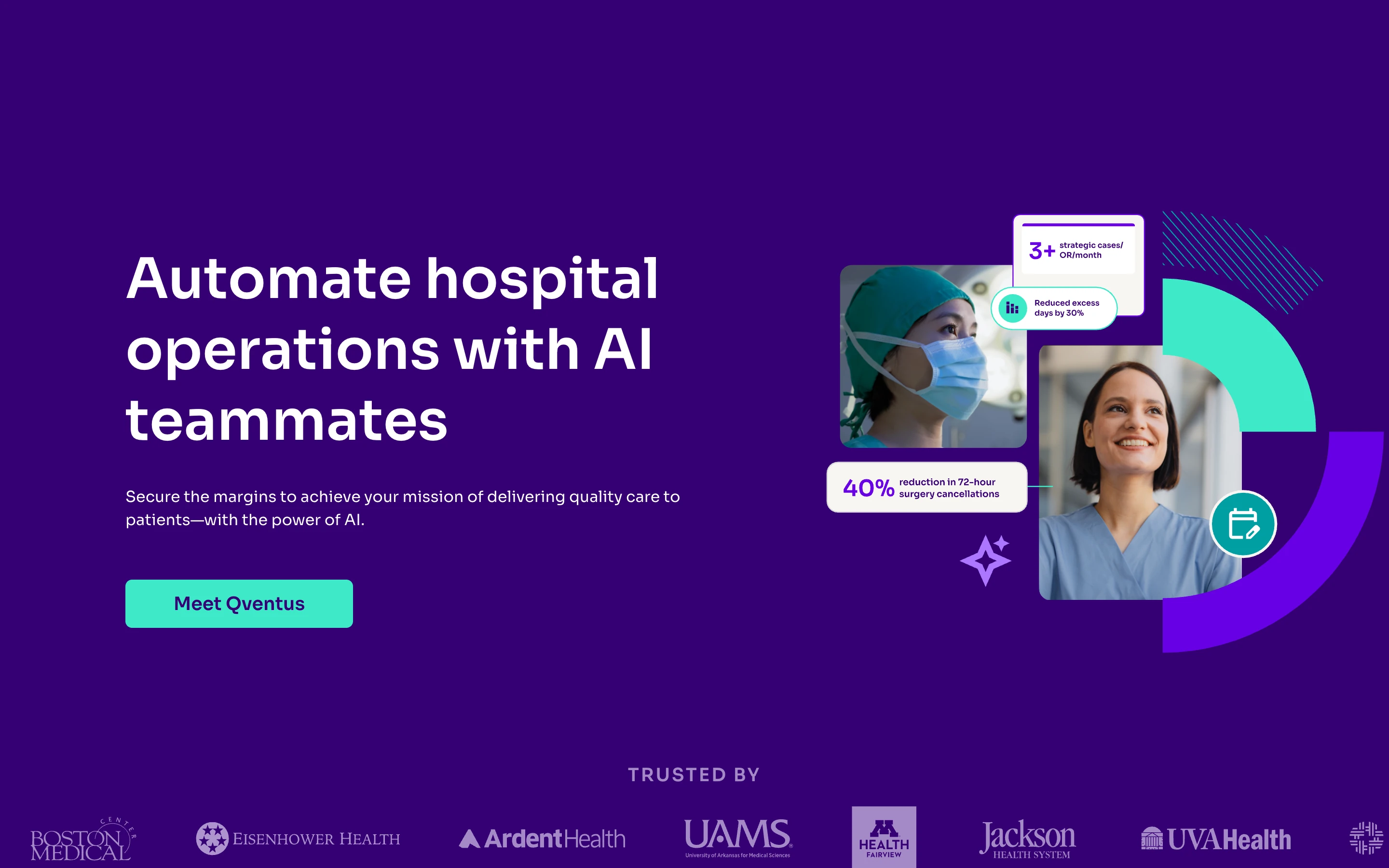 Qventus 公式サイトのヒーローセクション。「Automate hospital operations with AI teammates」と掲げ、下部に Boston Medical・Eisenhower Health・Ardent Health・UAMS・Jackson Health・UVA Health の TRUSTED BY ロゴが並ぶ