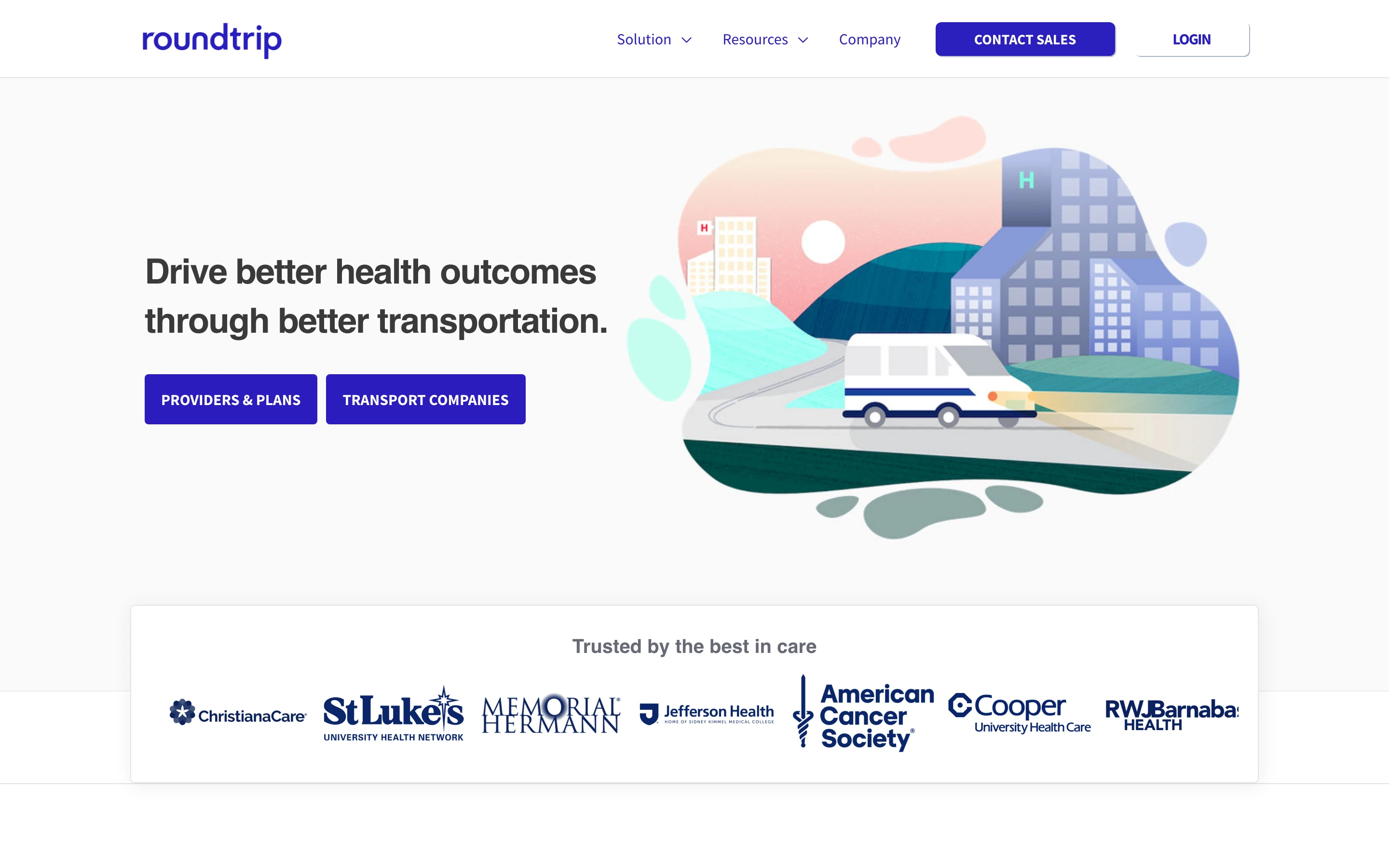 Roundtrip 公式サイトのヒーローセクション。「Drive better health outcomes through better transportation.」の見出しと搬送車両のイラスト、下部に ChristianaCare・St. Luke's・Memorial Hermann・Jefferson Health・American Cancer Society・Cooper・RWJBarnabas Health のロゴ
