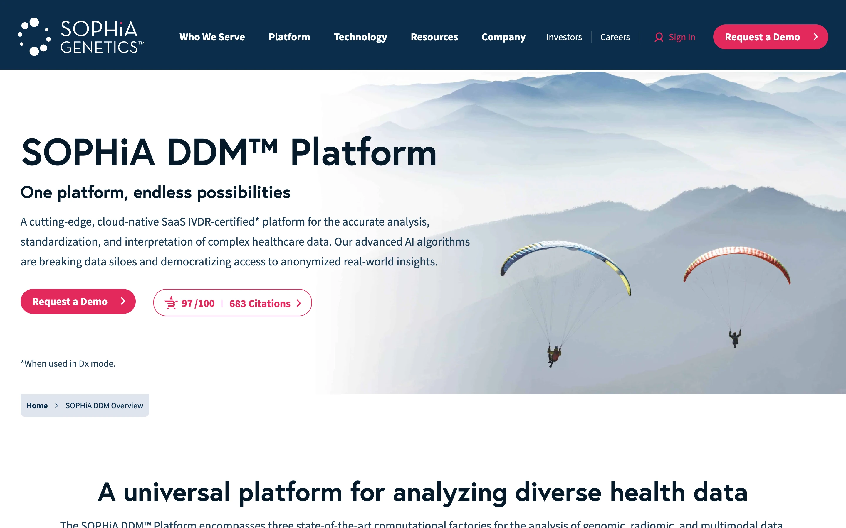 SOPHiA DDM 公式サイトのヒーローセクション。「SOPHiA DDM Platform — One platform, endless possibilities」と、クラウドネイティブ SaaS の IVDR 認証プラットフォームである旨、97/100・683 Citations のバッジを掲げる
