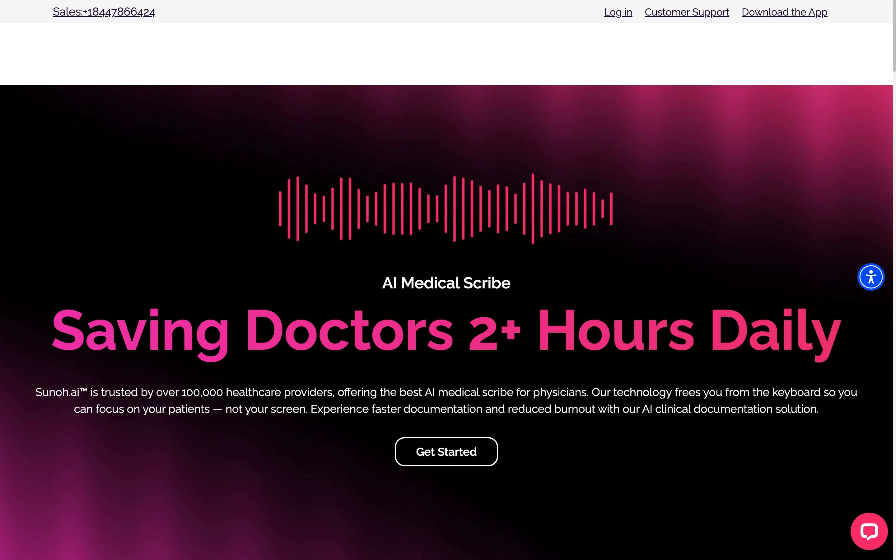 Sunoh.ai 公式サイトのヒーローセクション。音声波形のビジュアルと「Saving Doctors 2+ Hours Daily」の見出し、10万人超の医療提供者に利用されている旨を掲げる