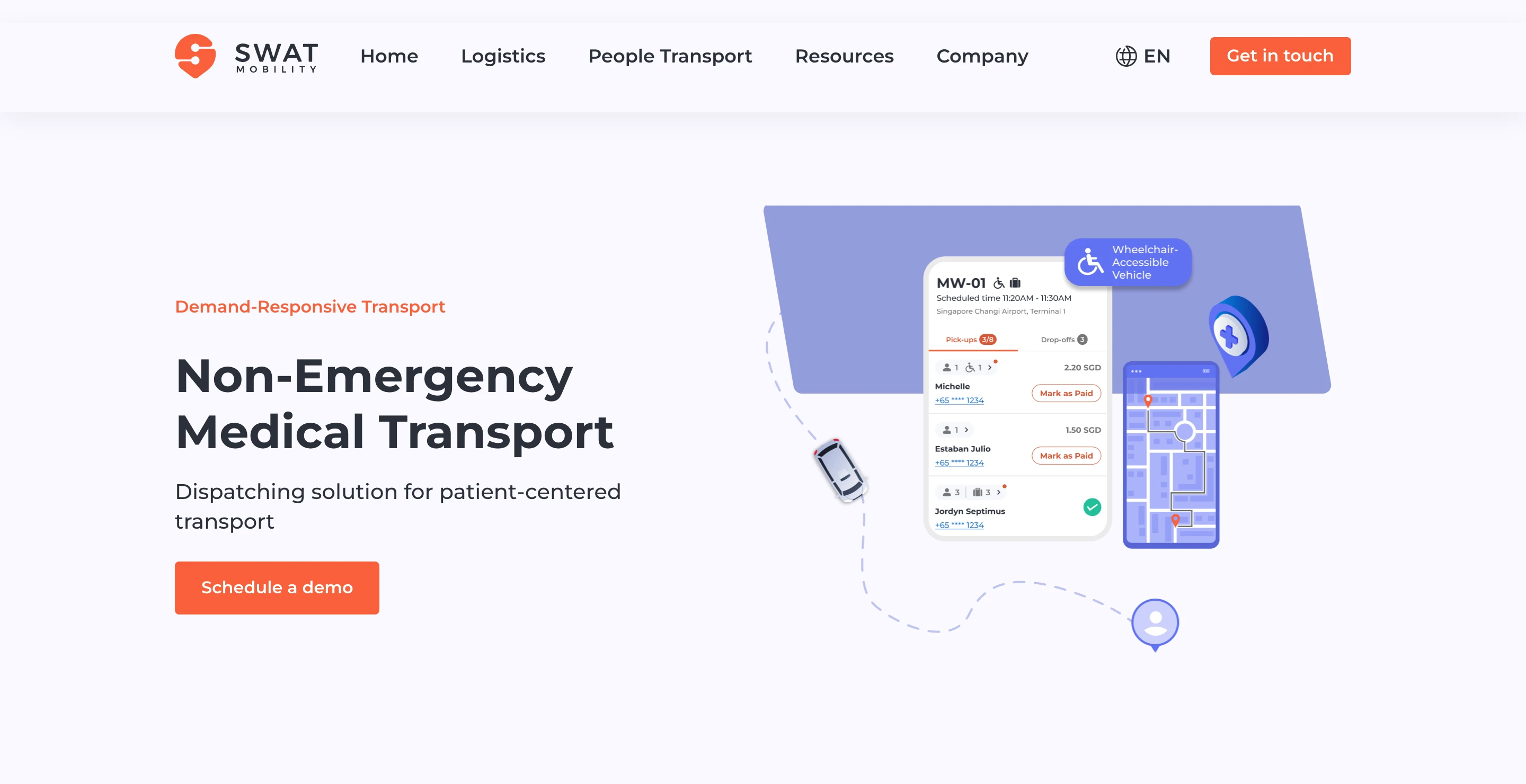 SWAT Mobility の Non-Emergency Medical Transport (非救急医療搬送) ユースケースページのヒーロー。「Dispatching solution for patient-centered transport」の見出しと、車椅子対応車両を含む配車画面のモックアップ