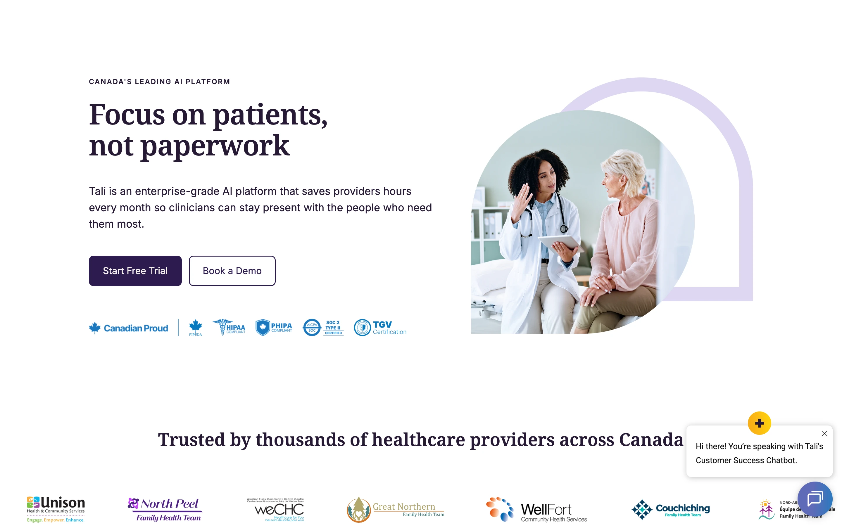 Tali AI 公式トップページのヒーロー。「Focus on patients, not paperwork」と掲げ、Canada's leading AI platform と紹介。下部に「Trusted by thousands of healthcare providers across Canada」と導入施設ロゴが並ぶ