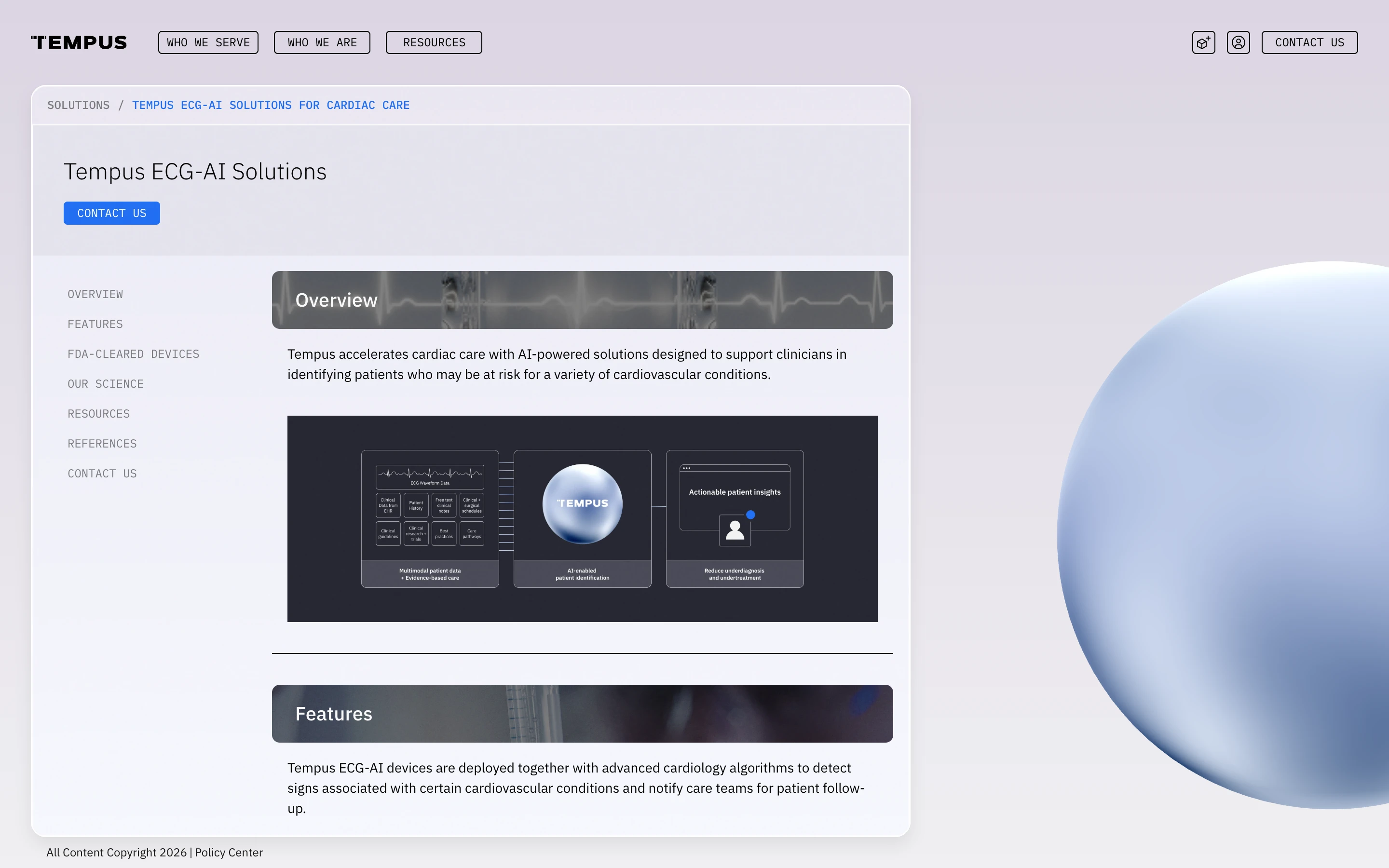 Tempus 公式サイトの「Tempus ECG-AI Solutions」ページの冒頭。心電図 AI のソリューションの概要 (Overview) と、患者データと心電図波形から AI が対象患者を見つけ、実行可能な情報を医療チームに届ける流れを示した図