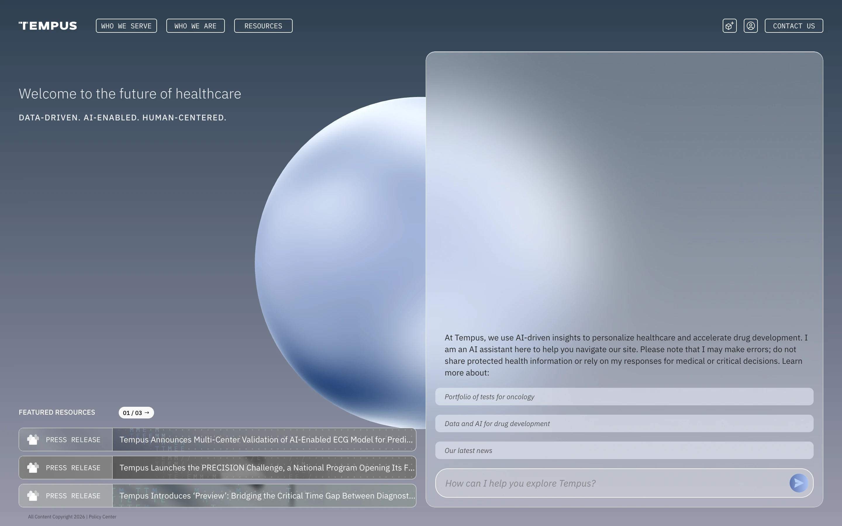 Tempus 公式トップページのヒーローセクション。「Welcome to the future of healthcare」「DATA-DRIVEN. AI-ENABLED. HUMAN-CENTERED.」のキャッチと AI アシスタントパネル、Featured Resources のプレスリリースが並ぶ