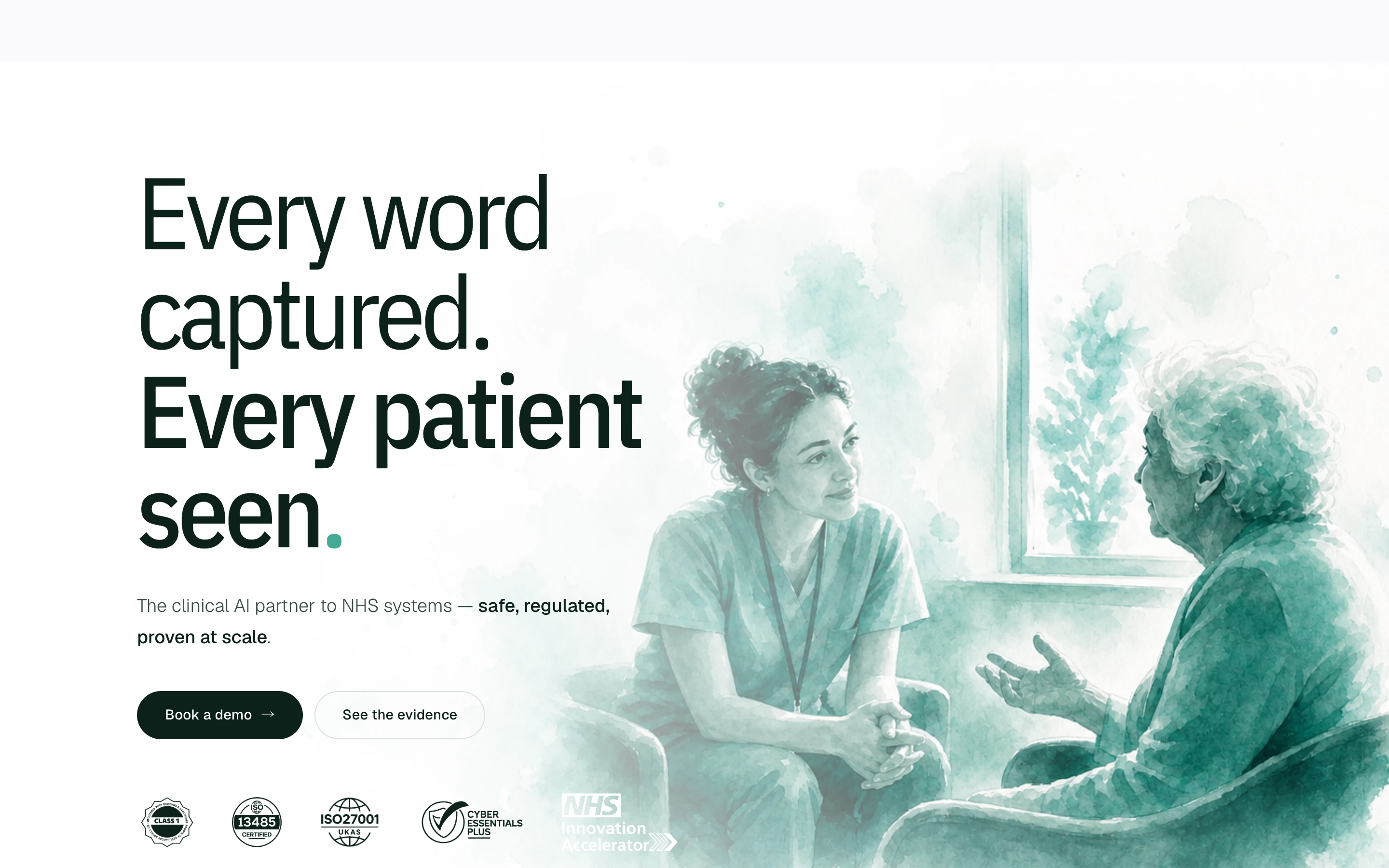 TORTUS 公式サイトのヒーローセクション。「Every word captured. Every patient seen.」と NHS 向けの臨床 AI パートナーであることを掲げ、ISO27001・Cyber Essentials・ISO27001・NHS のロゴを並べる
