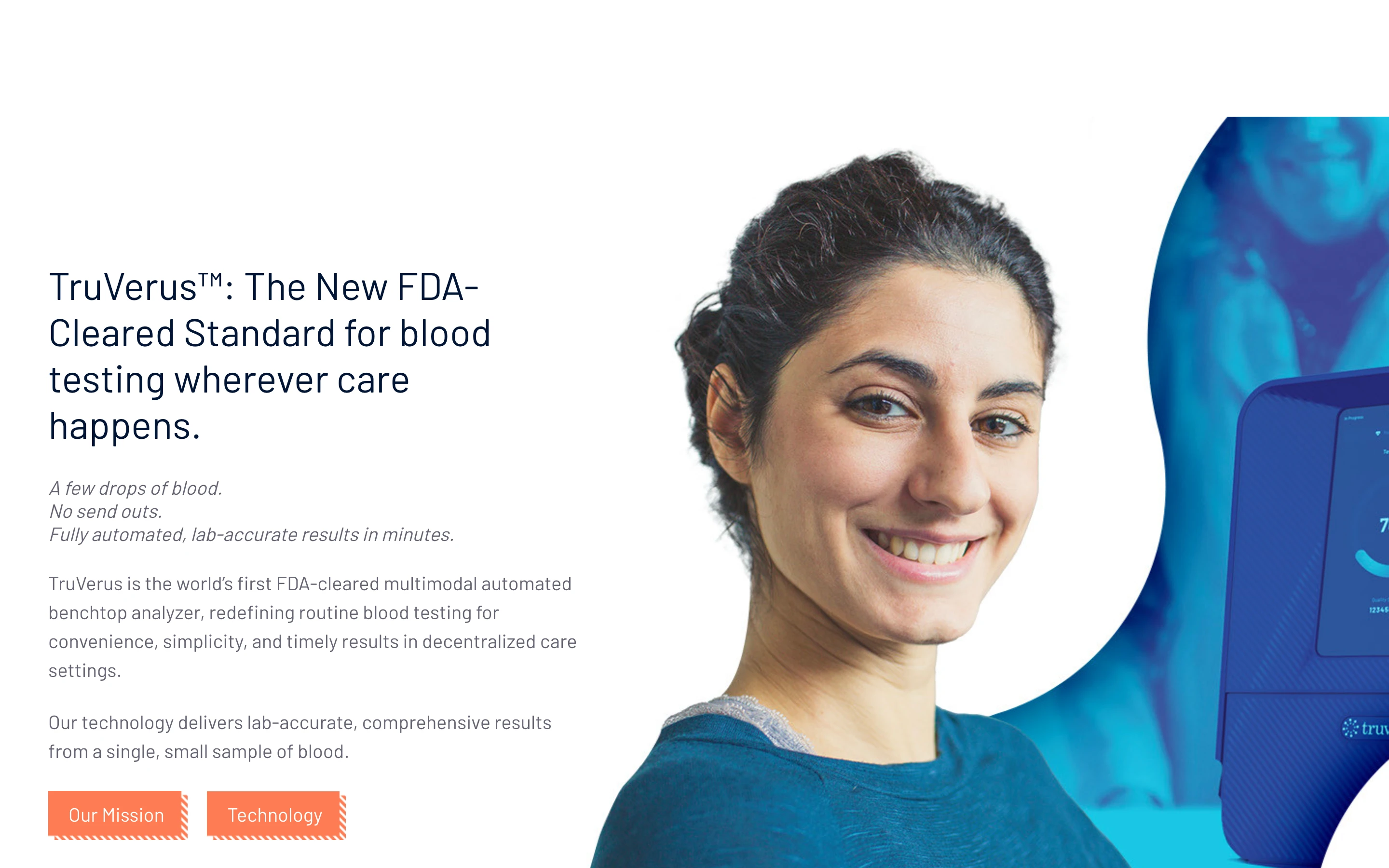 TruVerus 公式サイトのヒーローセクション。「TruVerus: The New FDA-Cleared Standard for blood testing wherever care happens」の見出しと卓上型分析装置の画像