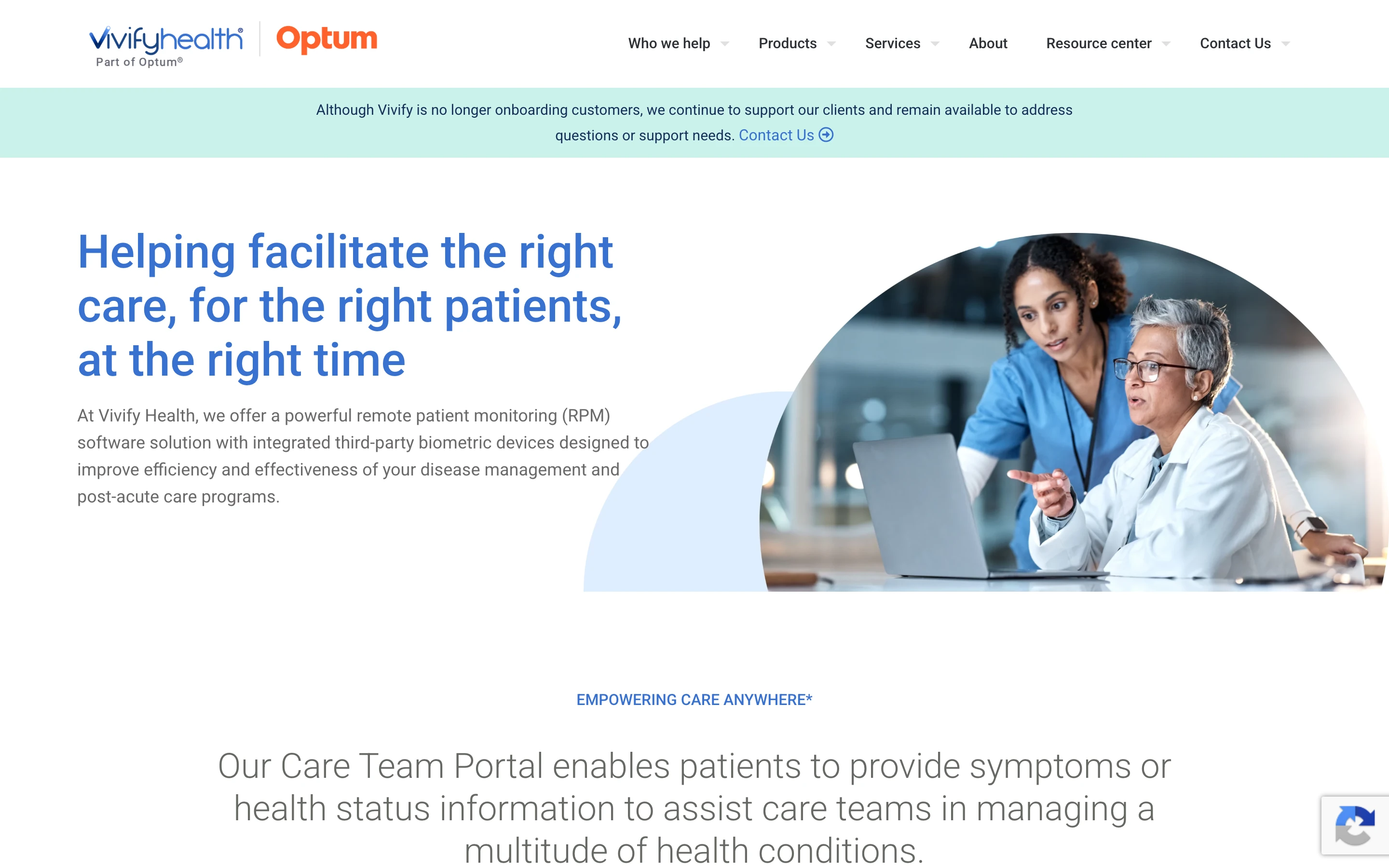 Vivify Health 公式サイトのヒーローセクション。「Helping facilitate the right care, for the right patients, at the right time」の見出しと、Optum 傘下を示す『Part of Optum®』ロゴ。上部に『Vivify は新規顧客の受け入れを停止したが既存顧客のサポートは継続する』旨の告知バナー