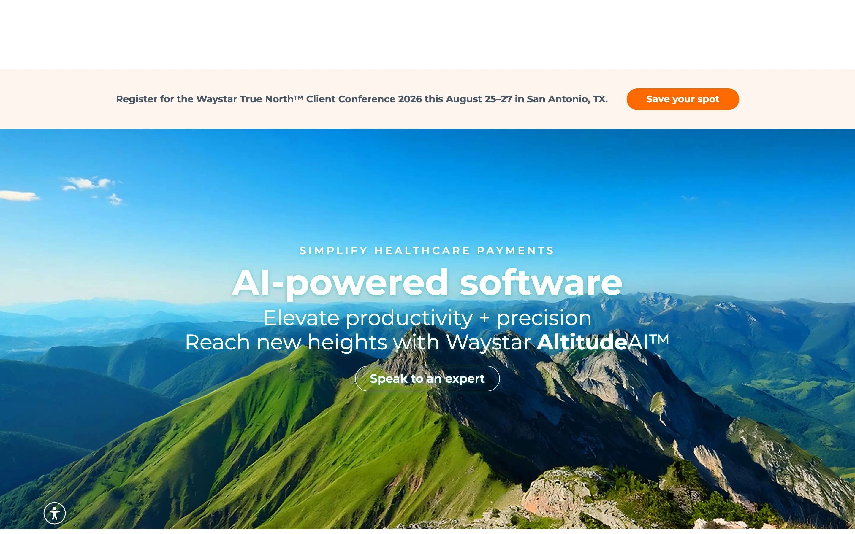 Waystar 公式サイトのヒーローセクション。「AI-powered software」「Elevate productivity + precision」と AltitudeAI を掲げる