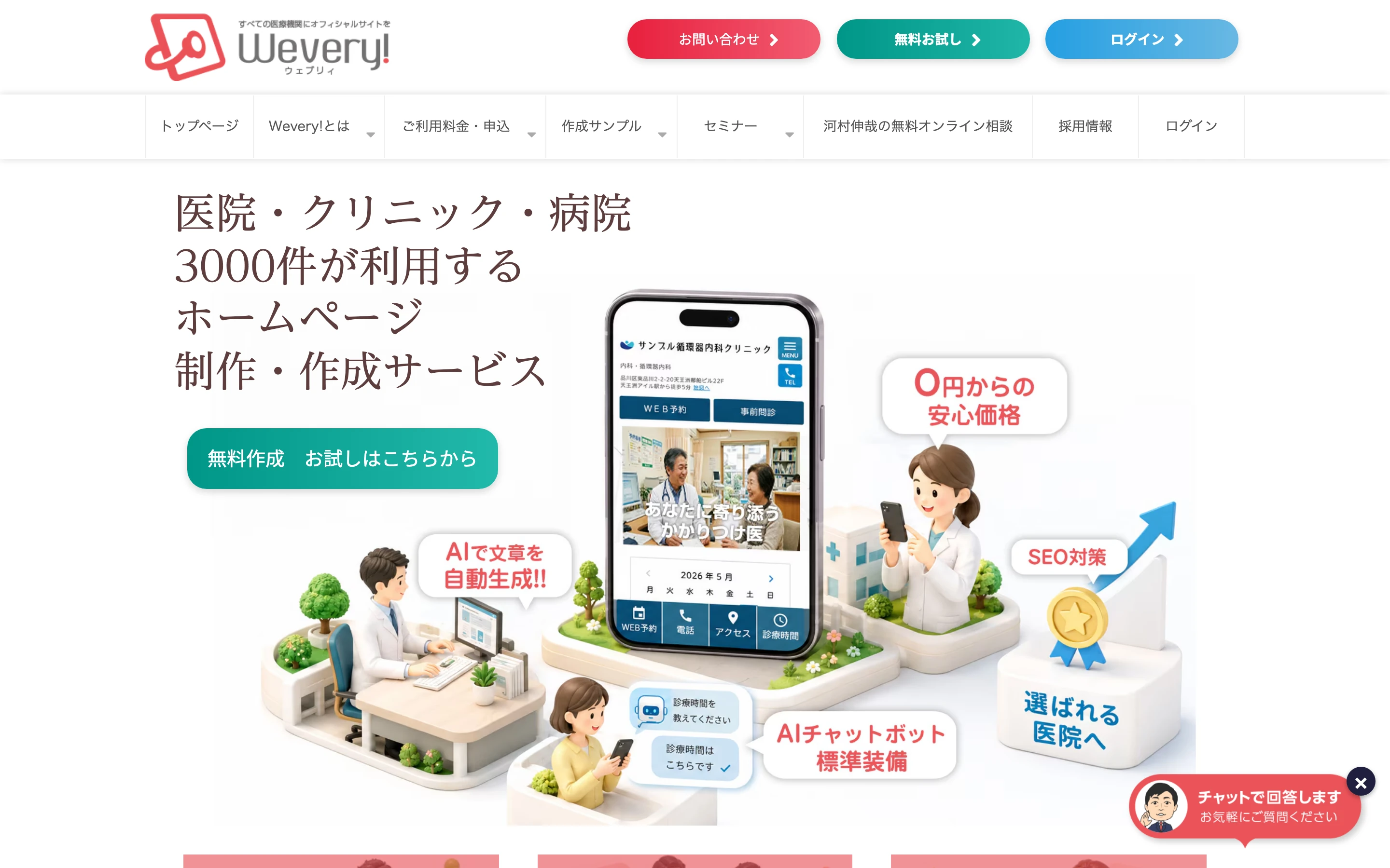 Wevery! 公式トップページのヒーローセクション。「医院・クリニック・病院 3000件が利用するホームページ制作・作成サービス」の見出しと、スマートフォン画面のクリニックサイト例、「0円からの安心価格」「AIで文章を自動生成!!」「AIチャットボット標準装備」「SEO対策」の吹き出し