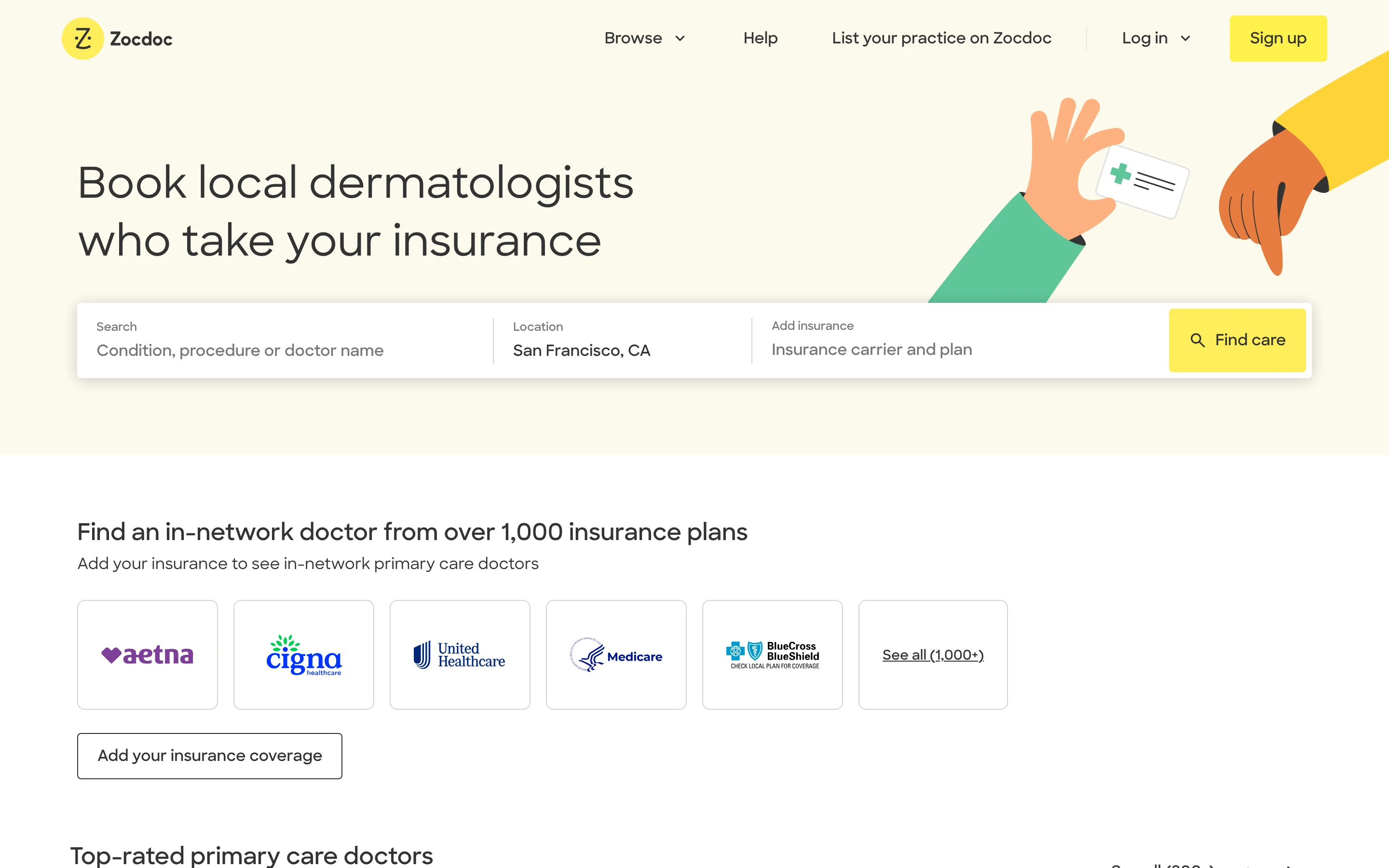 Zocdoc 公式サイトのトップページ。診療科・場所・保険を入力して医師を検索する検索バーと、1,000 以上の保険プランに対応する案内