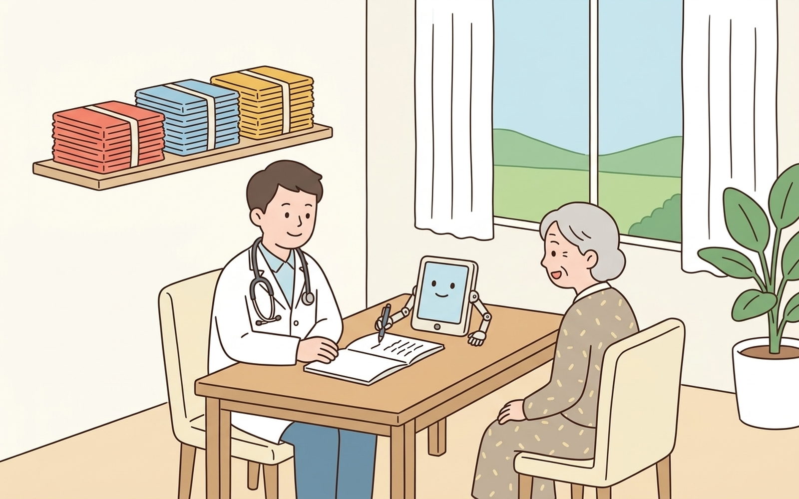 診察室で医師と患者が向き合い、机上のタブレット型 AI がノートに書記するフラットイラスト。棚には日米英 3 制度を表す色違いの書類束