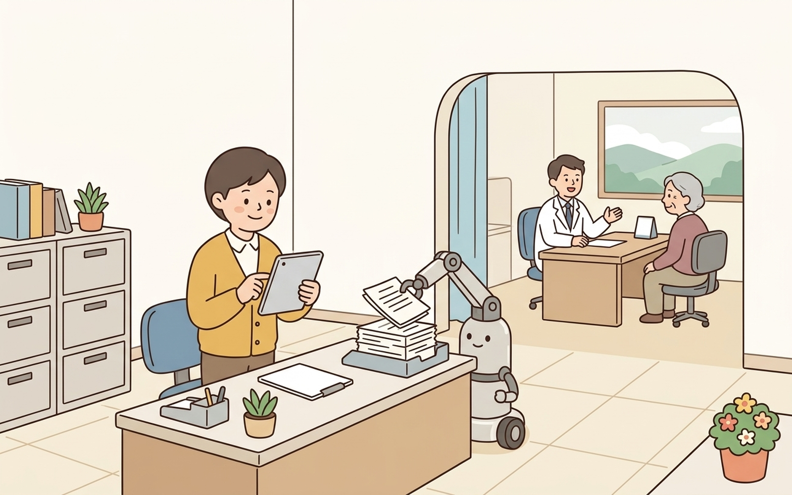 事務長とロボットアームが書類を仕分け、奥で医師が患者と話すフラットイラスト