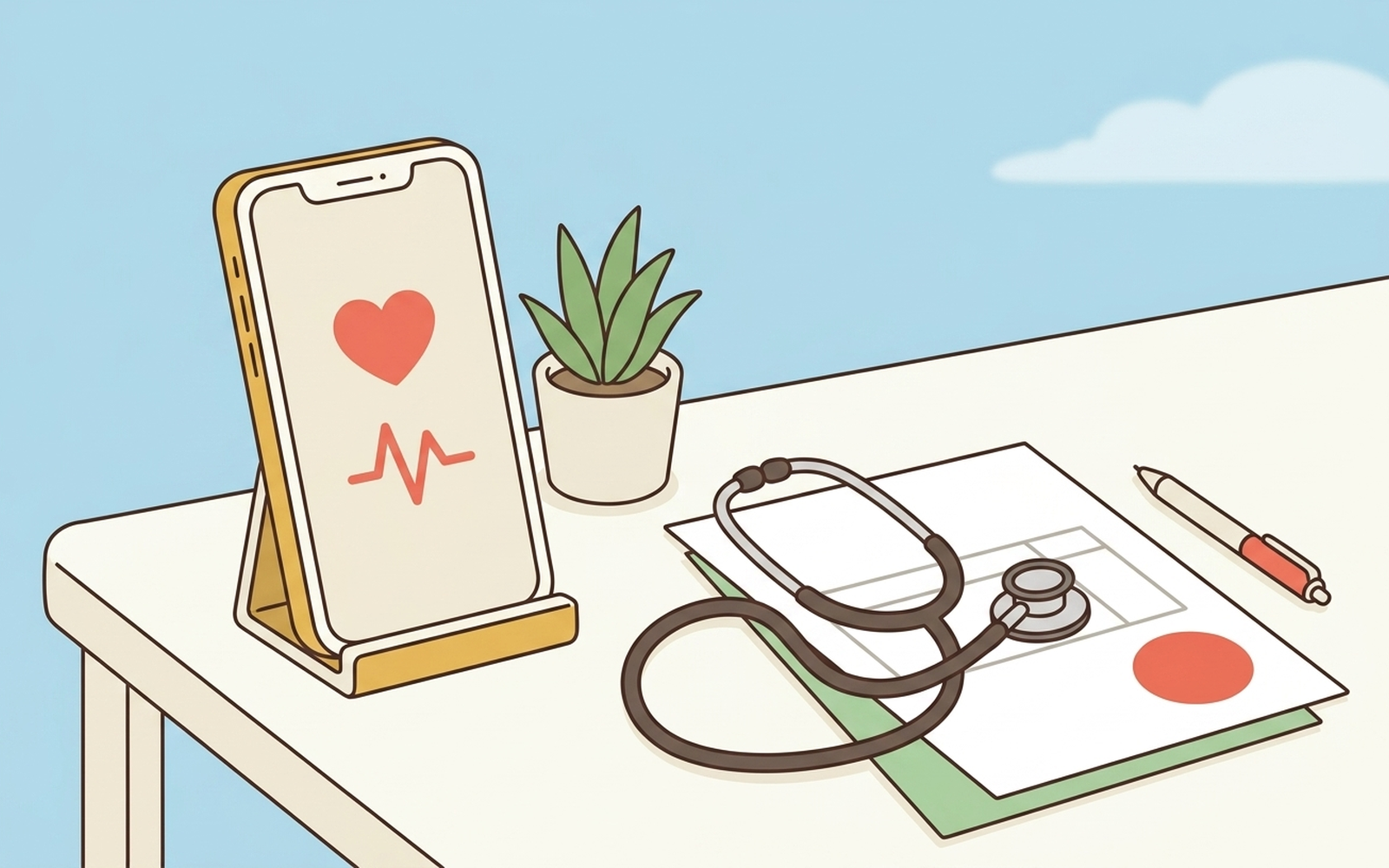 聴診器と並ぶ医療アプリのスマートフォンと、承認印が押された公文書のフラットイラスト